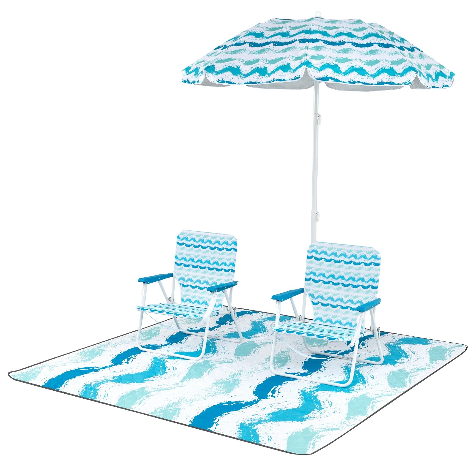 1 Costway 4PCS Beach Umbrella Set w/2 Foldable Chairs Picnic Blanket Tilt Sun Protection - Blue, 1 of 1