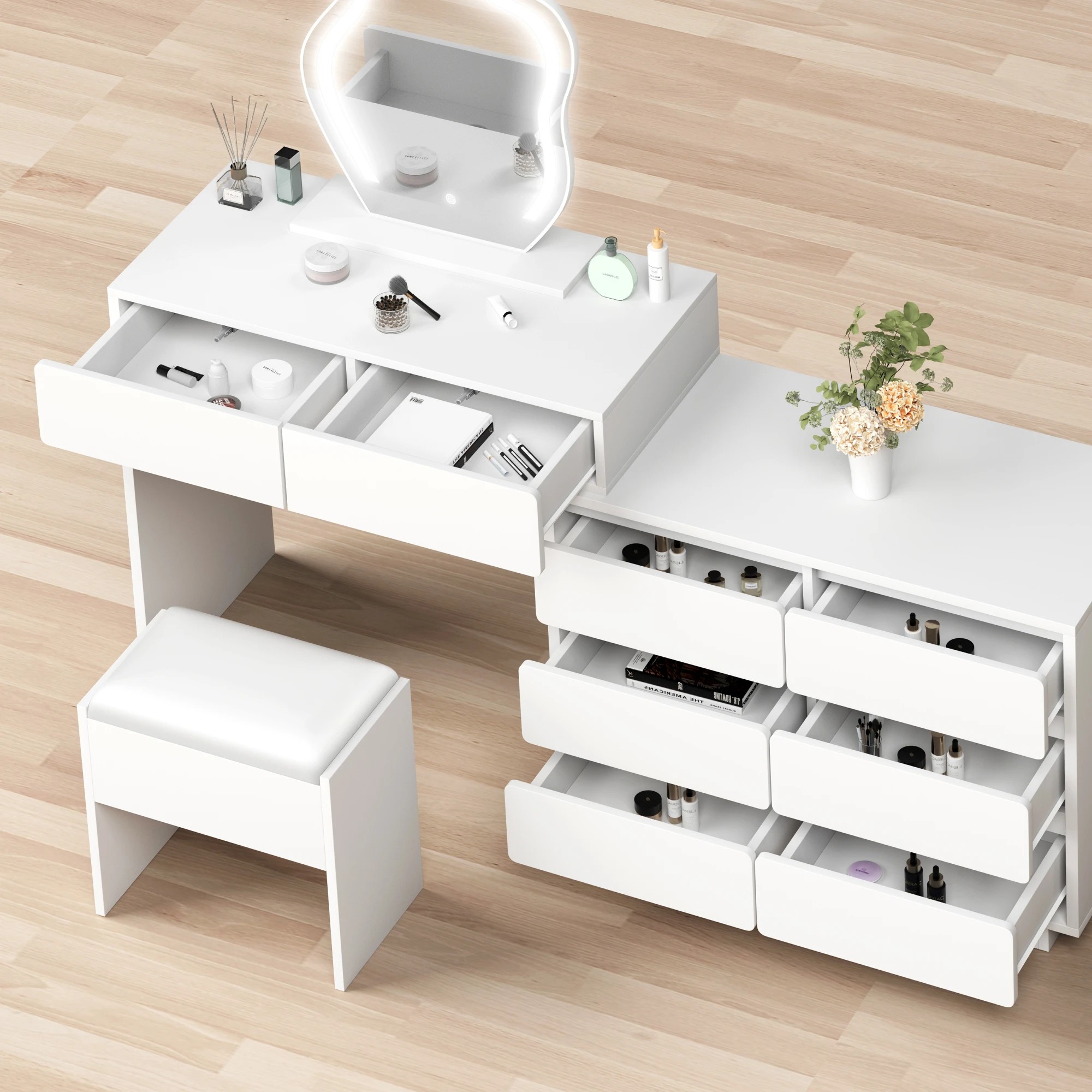 4 Alfordson Dressing Table Stool Set LED Drawers - White, 4 of 9