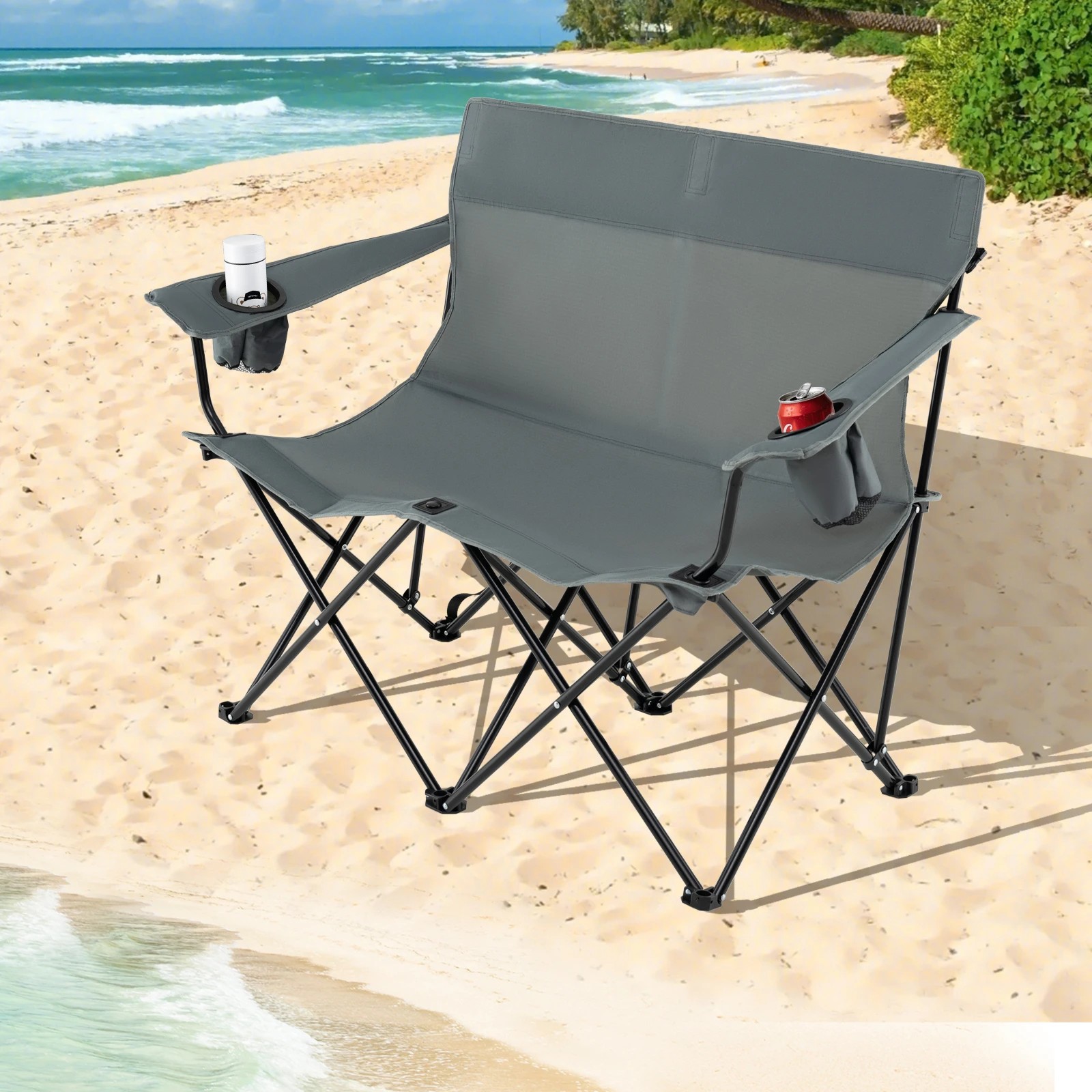 2 Costway Double Camping Chair 2-Person Portable Outdoor Folding Love Seat w/Cup Holders & Armrests - Grey, 2 of 4