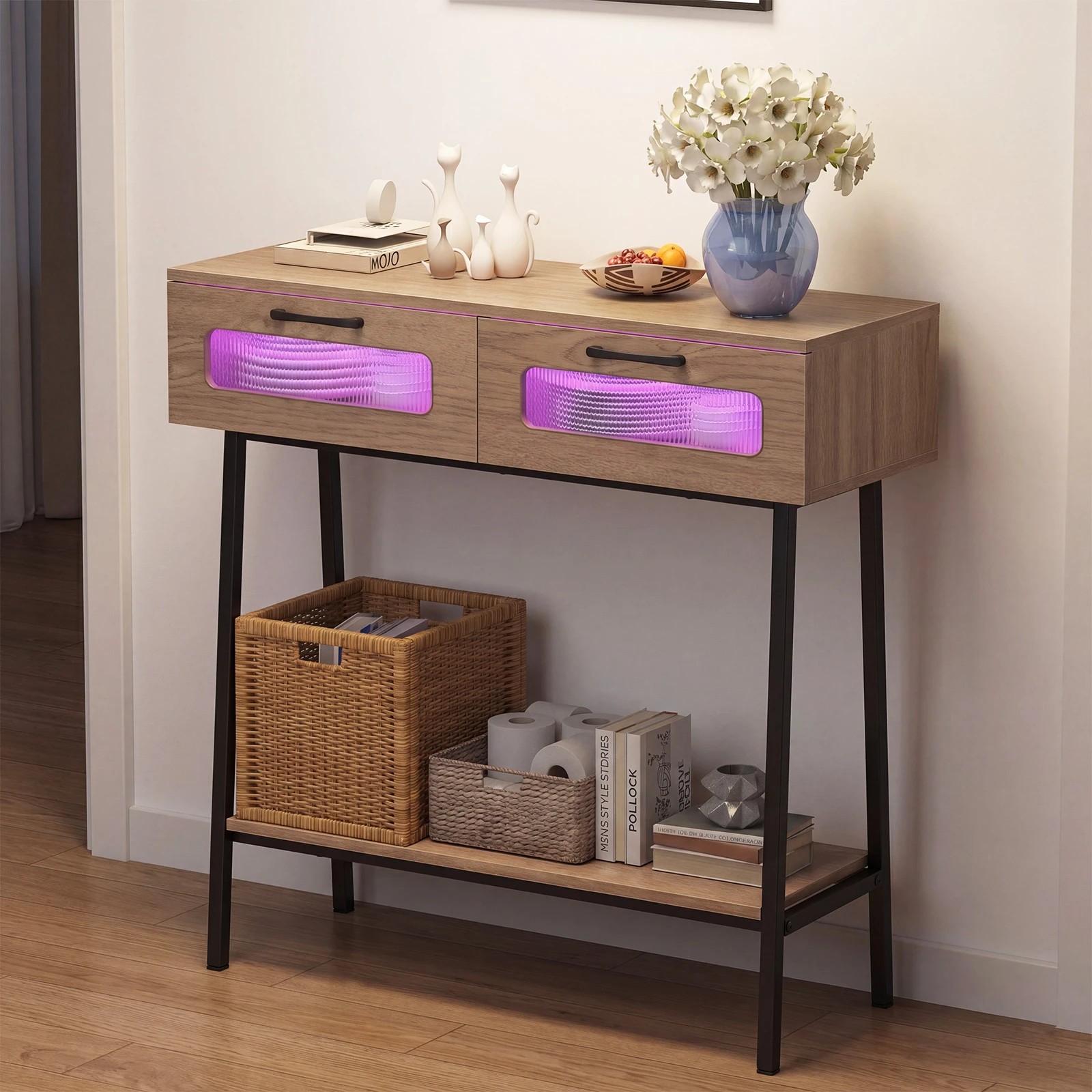 3 Costway Farmhouse Console Table w/LEDs 2-Tier Narrow Sofa Side Table, 3 of 7