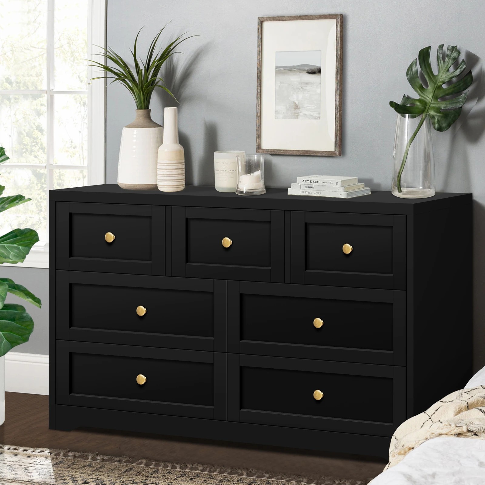 10 Alfordson 7 Chest of Drawers 2x Bedside Table Hamptons Bedroom Storage - Black, 10 of 10