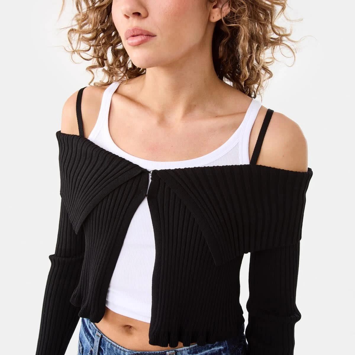 6 Long Sleeve Trim Rib Cardigan BLACK, 6 of 6