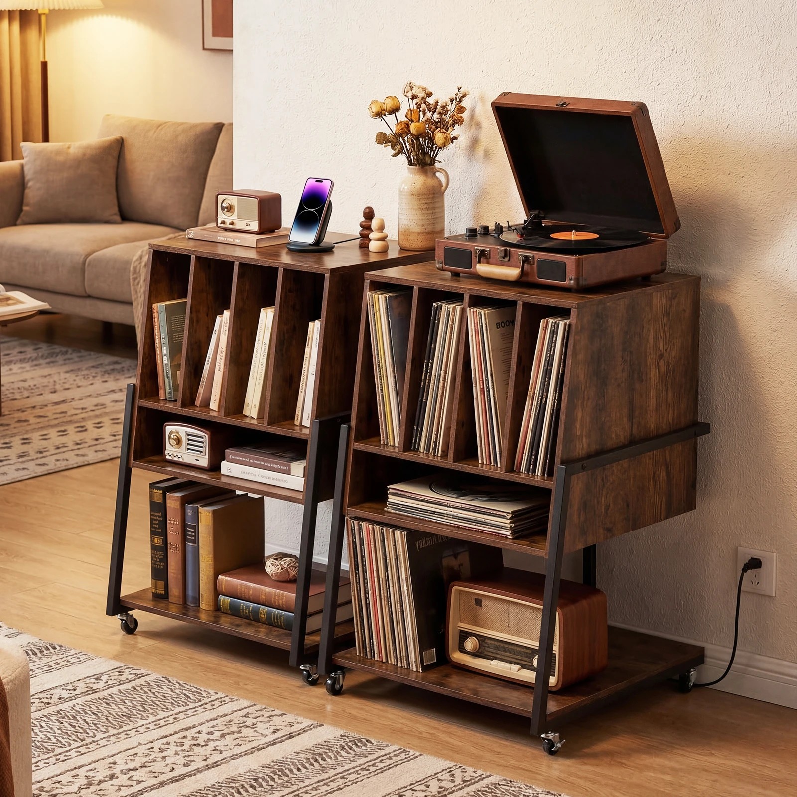 4 Costway Rolling Record Player Stand w/Charging Station Vinyl Storage Holder, 4 of 5