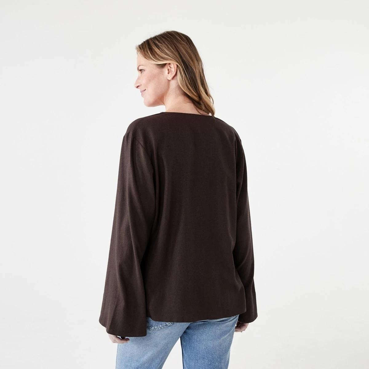 3 Long Sleeve Tie Front Linen Blend Top MELTED CHOCOLATE, 3 of 6