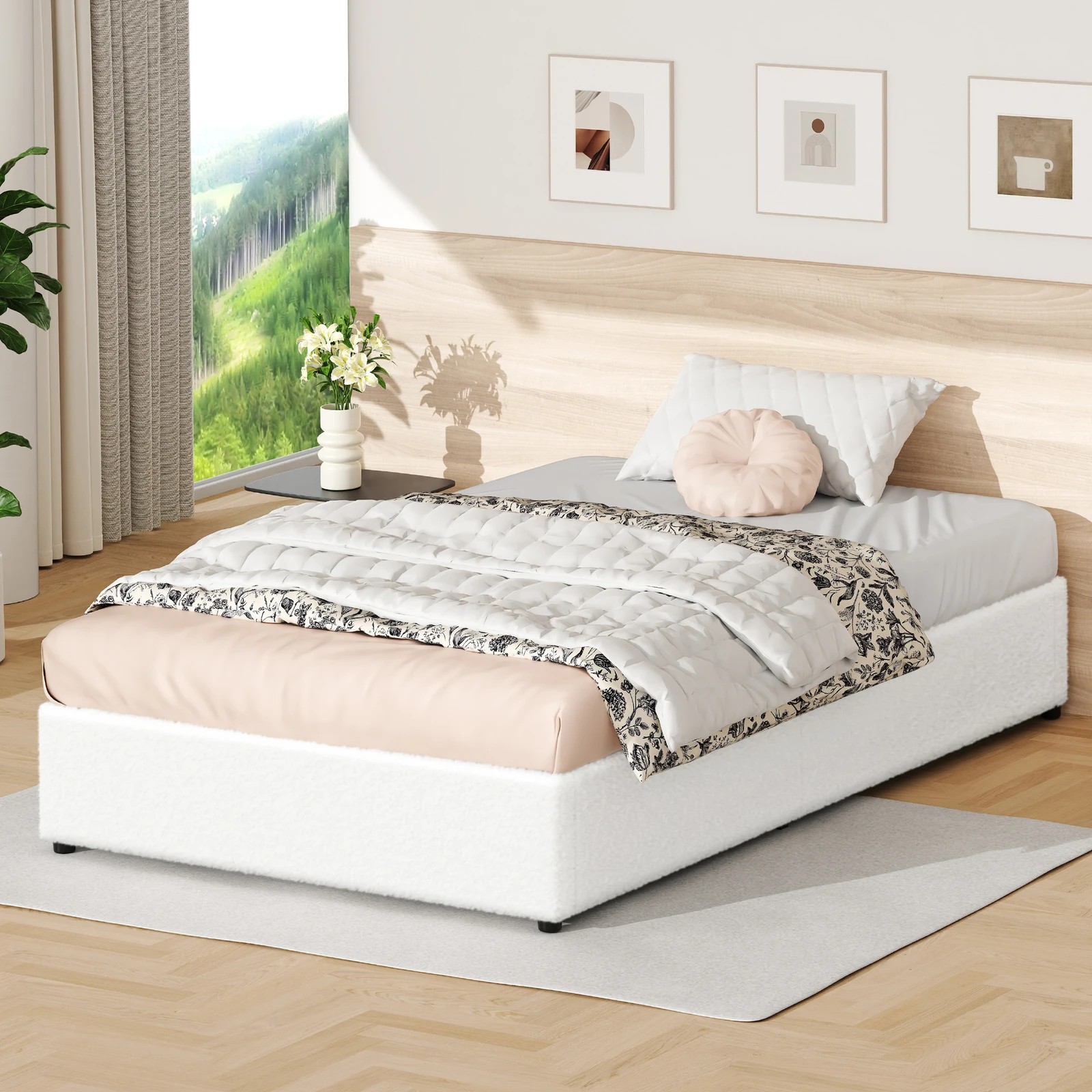 5 Alfordson Bed Frame Single Size Gas Lift Storage Mattress Base Boucle Barlow - White, 5 of 9
