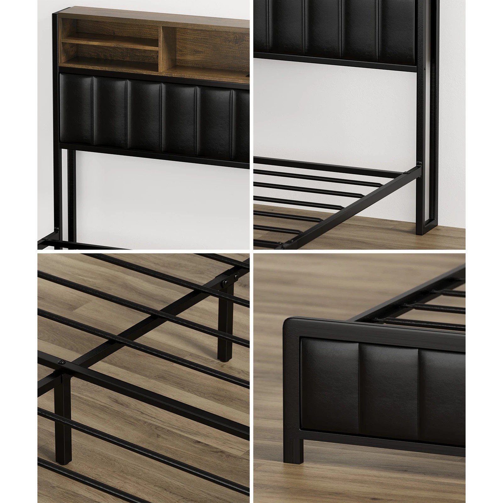 7 Oikiture Bed Frame Double Size LED Storage Headboard USB Charge 2 Drawers - Black, 7 of 9