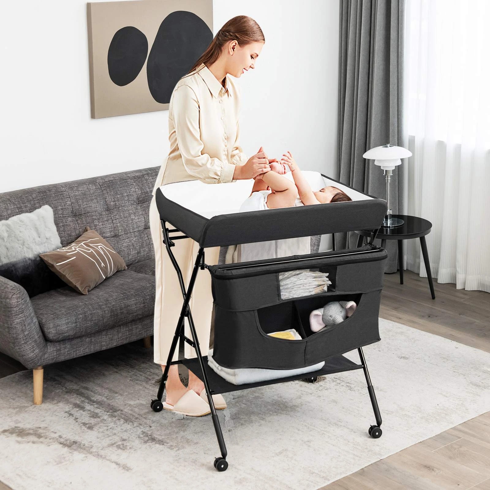 2 Costway Folding Changing Table Water-Proof Diaper Station - Black, 2 of 2
