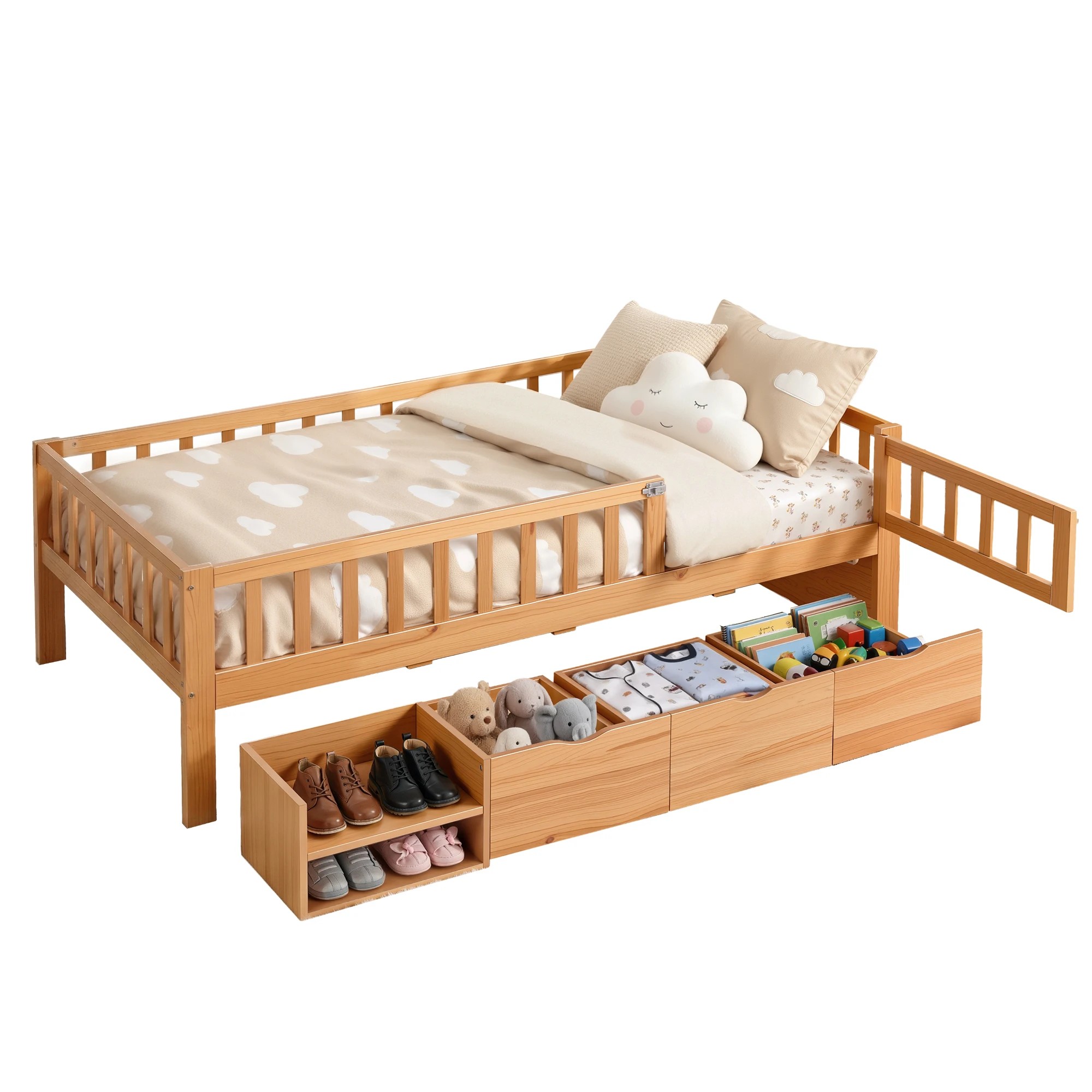 1 Artiss Kids Single Bed Frame with 3 Storage Drawer Montessori Bed for Toddler - Natural, 1 of 8