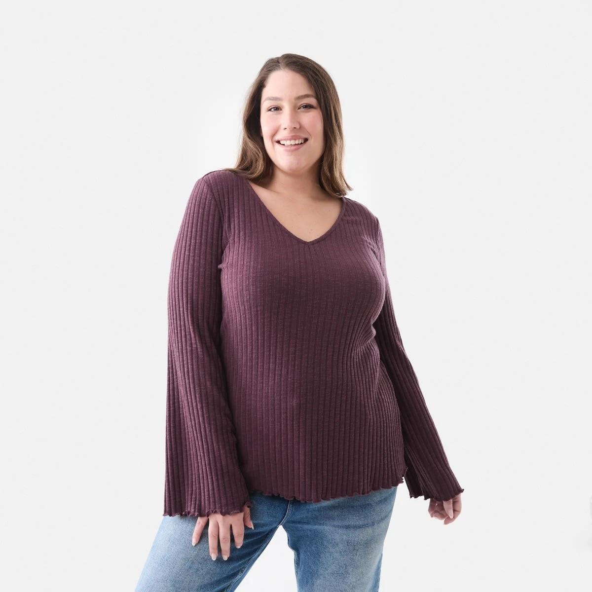 1 Curve Long Sleeve V-Neck Rib Top Berry, 1 of 5