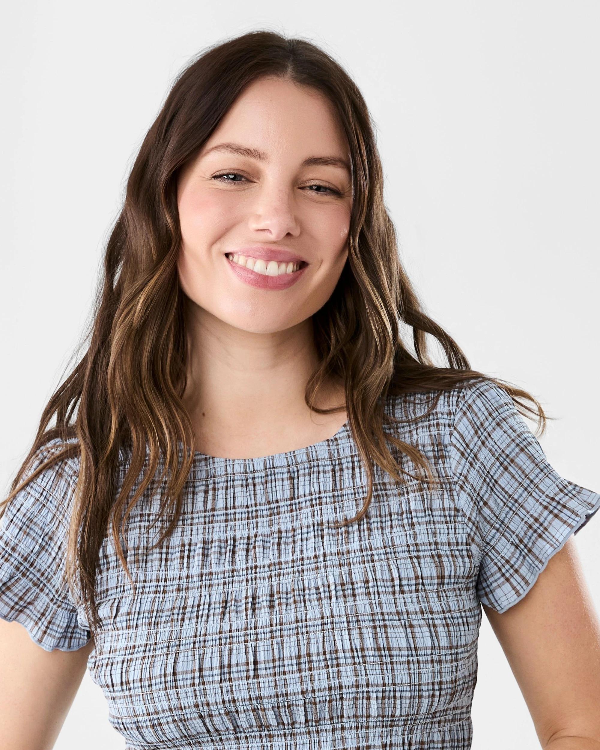 4 Short Sleeve Shirred Top Ging Blu, 4 of 6