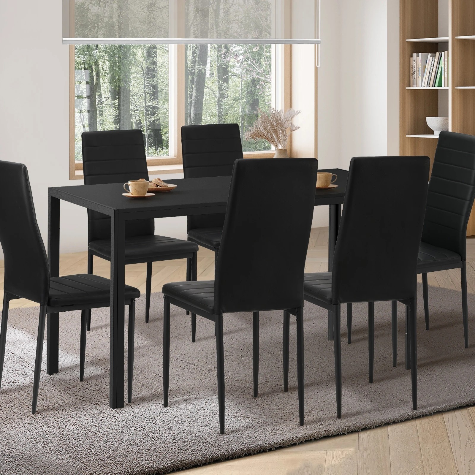 2 Oikiture 140cm Rectangle Dining Table With 6pcs Dining Chairs Wooden
 - Black, 2 of 7