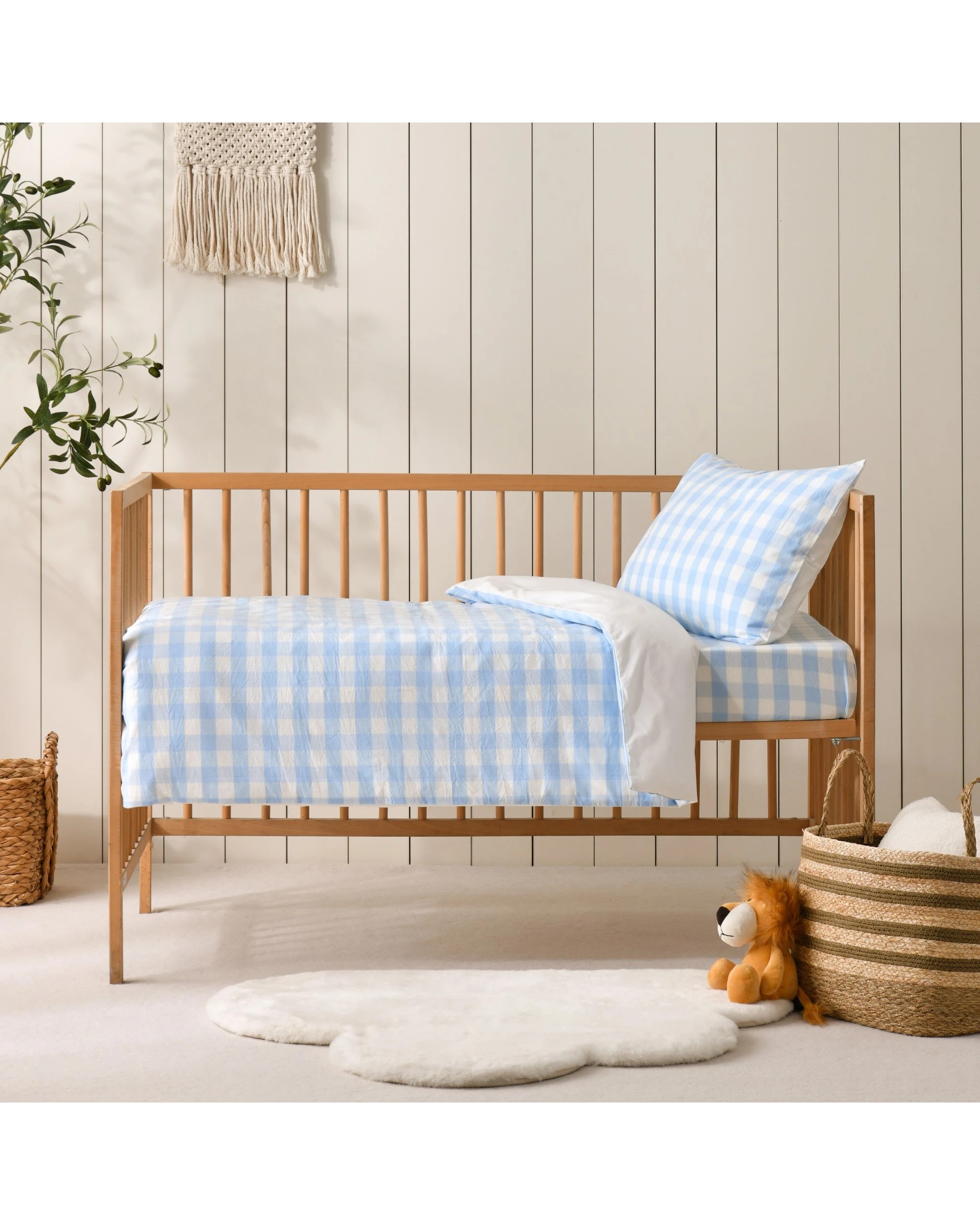 6 Dreamaker Baby Lola Washed Cotton Yarn Dyed Gingham Quilt Cover Set - COT Size - Sky, 6 of 7