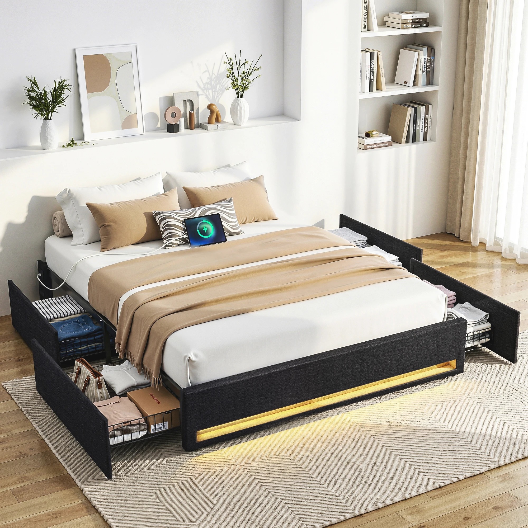 5 Artiss Double Bed Frame with Storage Drawers RGB Lights Charging Station Upholstered Fabric - Black, 5 of 5
