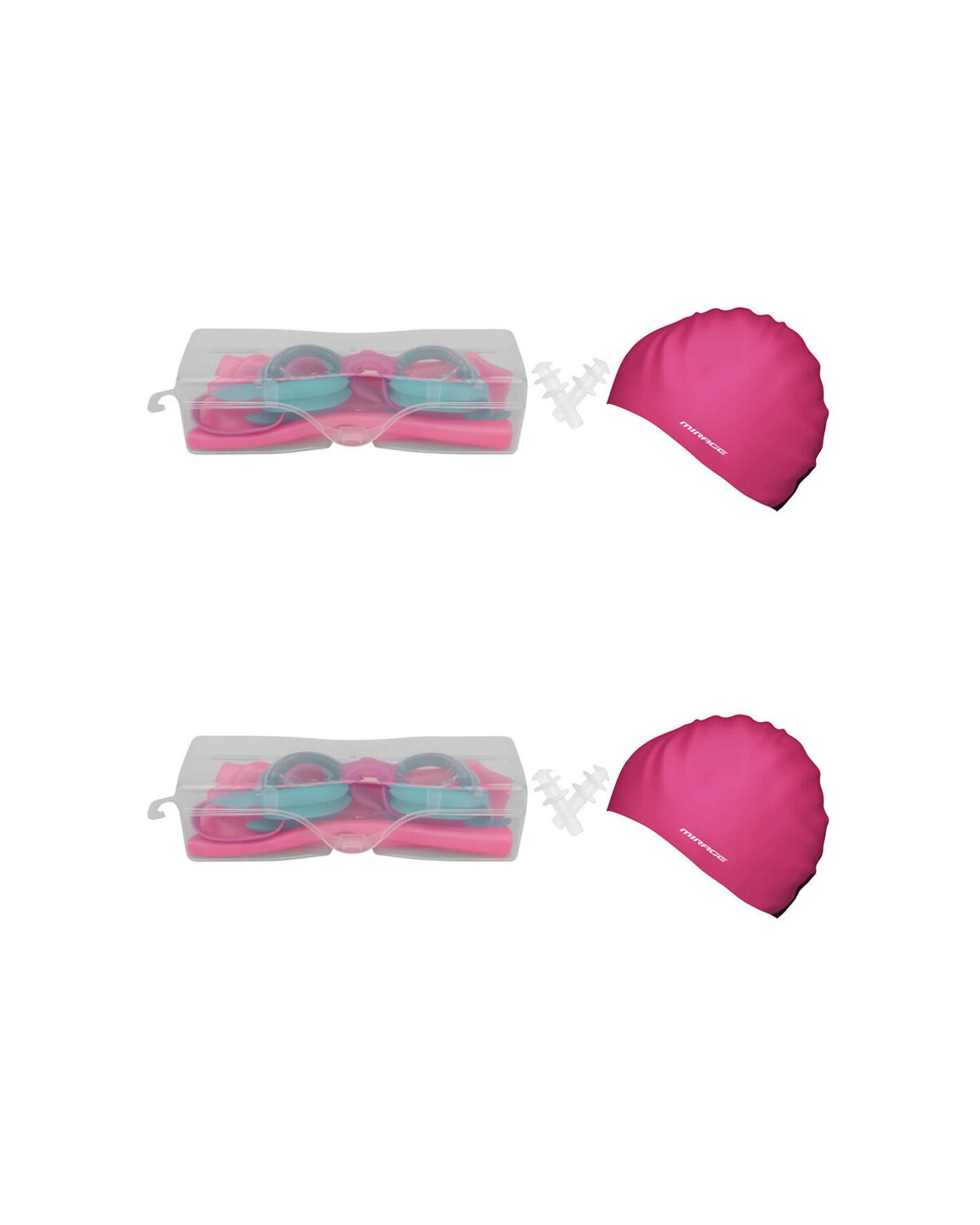 1 Mirage 2PK Junior Kids Goggles Swim Cap Ear Plugs Swimming Pack Age 6 to 14 - Pink, 1 of 3
