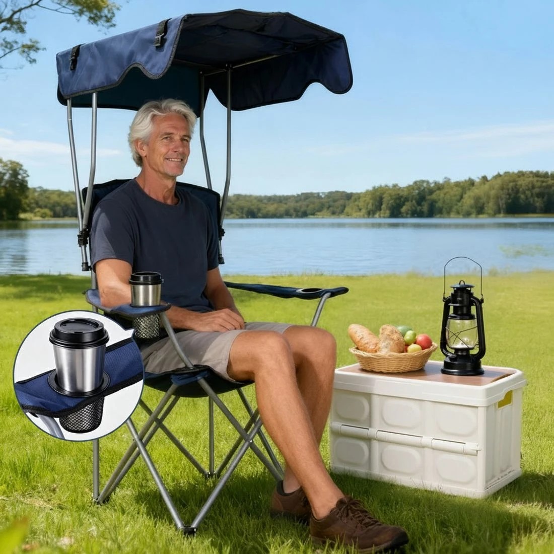 6 Weisshorn Camping Chair With Canopy Folding Outdoor Portable Seat Lightweight Beach Picnic Fishing Capacity 120KG - Blue, 6 of 7