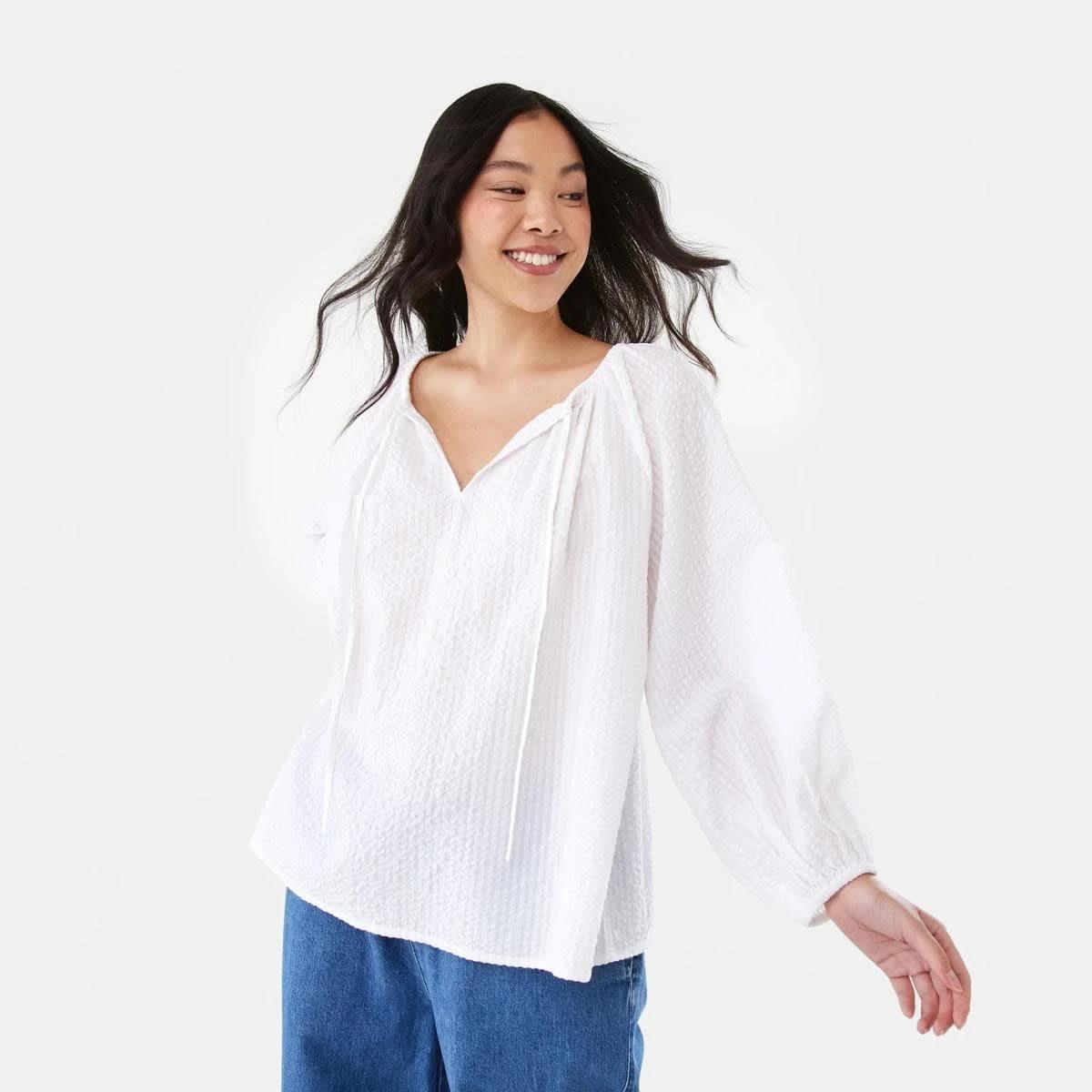 2 Long Sleeve Seersucker Tie Top WHITE, 2 of 10