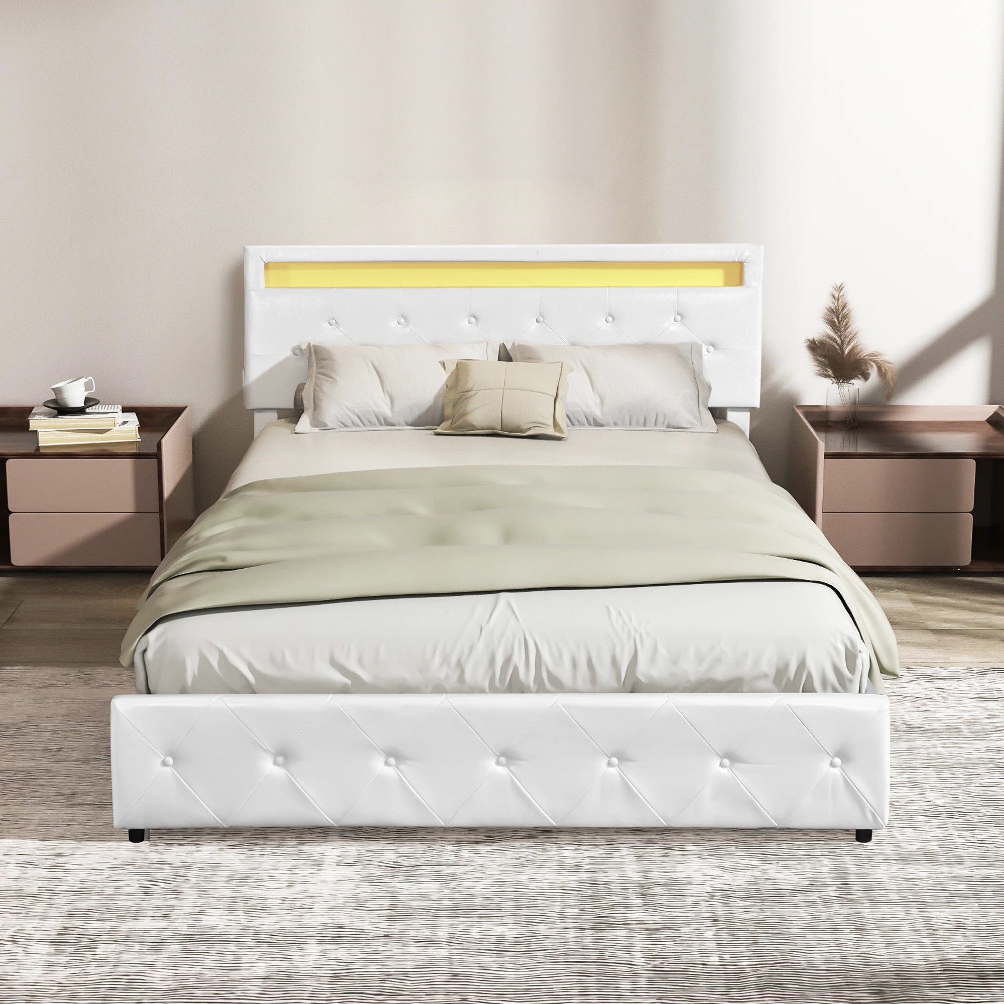 8 Levede Double PU Leather Bed Frame With LED Light and Storage Drawers - White, 8 of 9