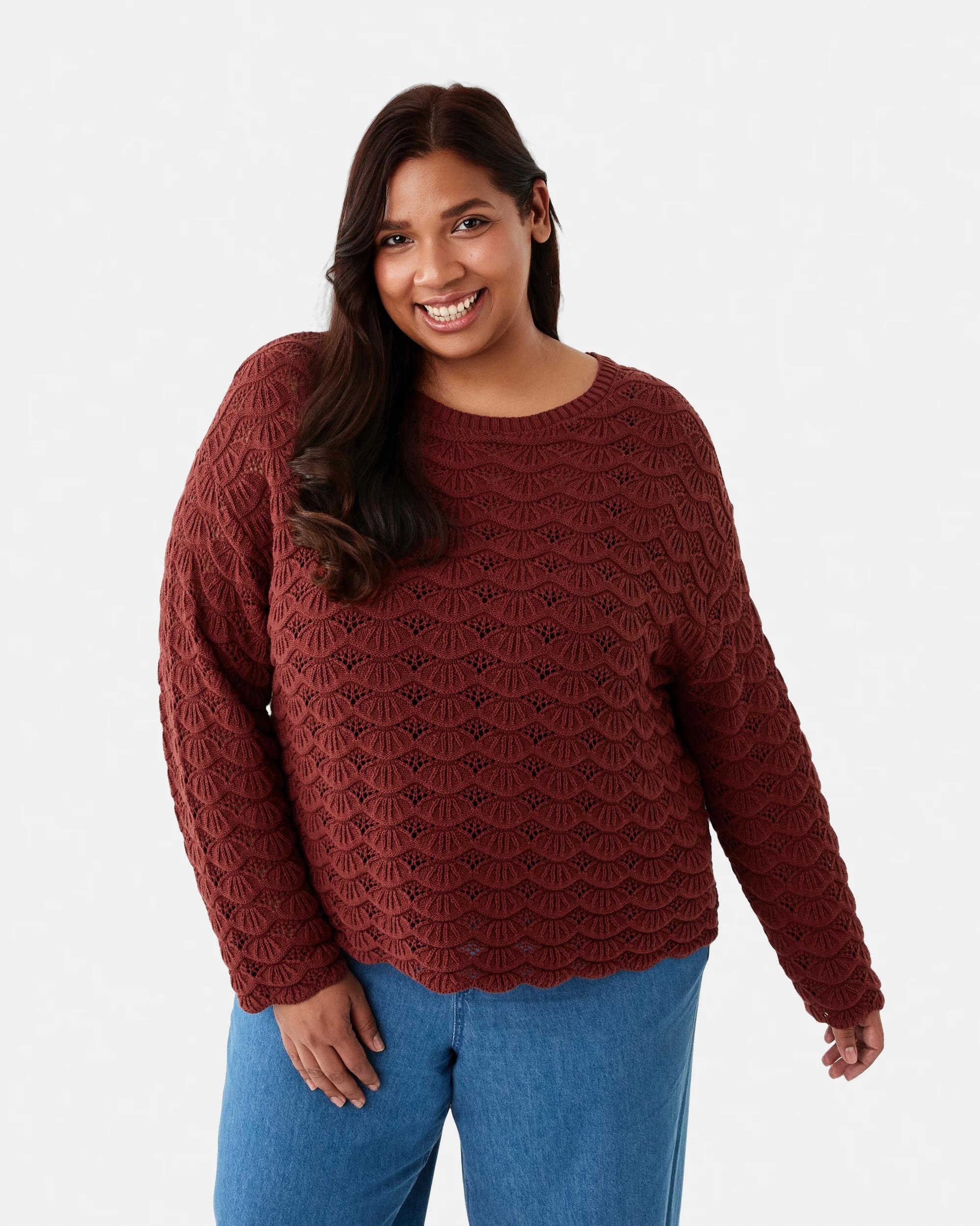 1 Curve Long Sleeve Crochet Knit Top Burnt Rust, 1 of 6