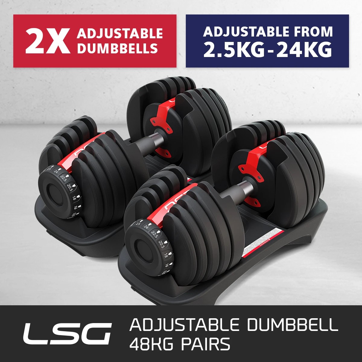 2 LSG 52.5lbs Adjustable Dumbbell Pair - Black, 2 of 6