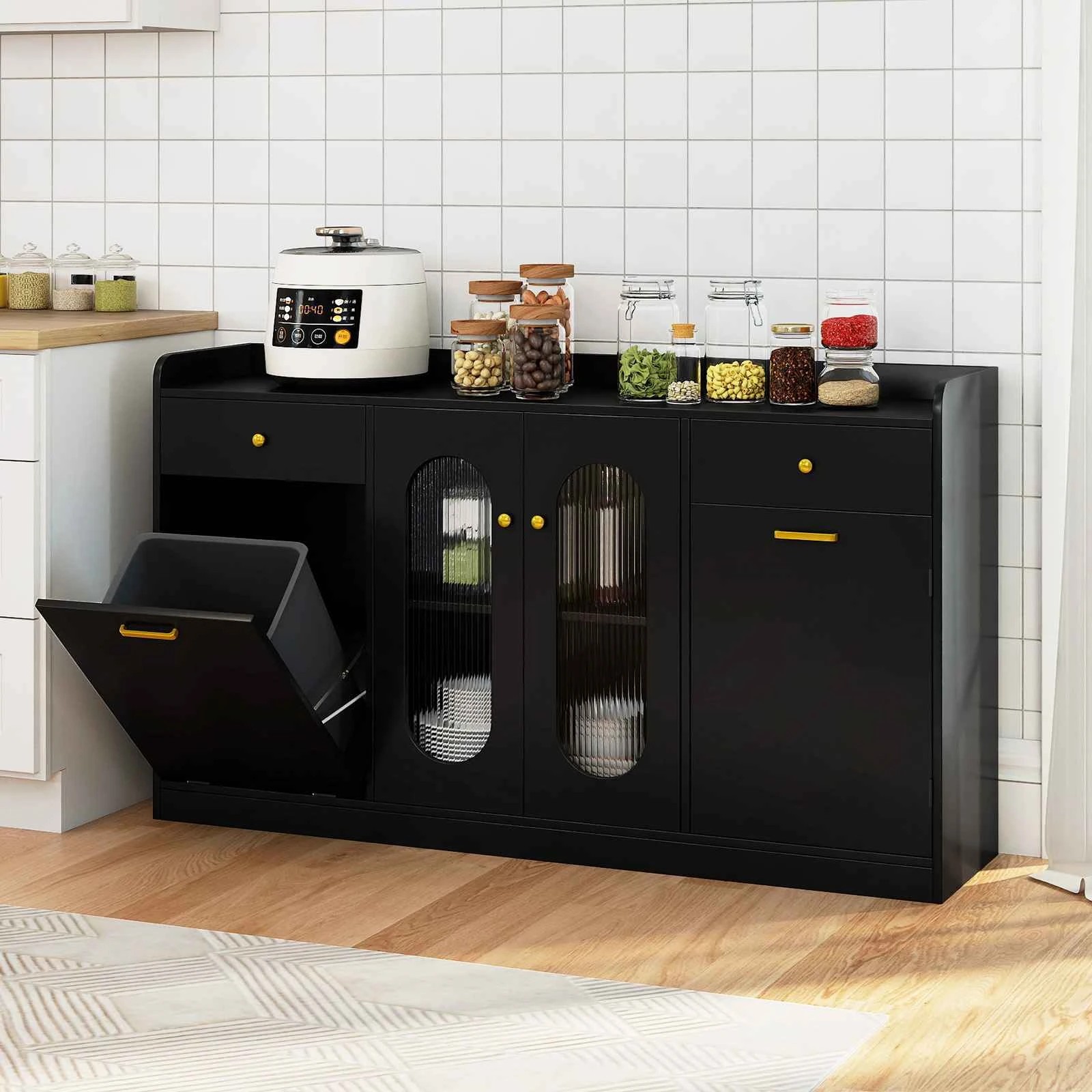 3 Costway 1.4m Buffet Cabinet Kitchen Island Tilt Out Trash Can Sideboard - Black, 3 of 3