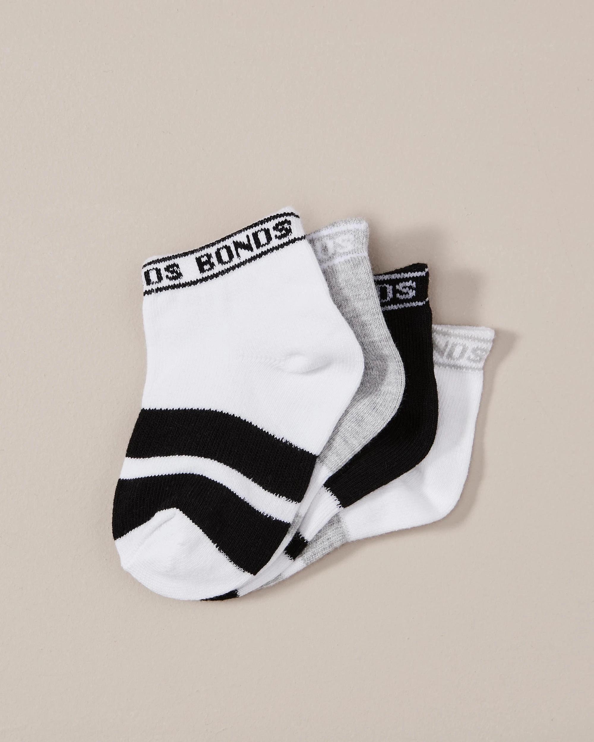 1 4 Pack Bonds Baby Sportlet Socks BLACK / GREY / WHITE, 1 of 2