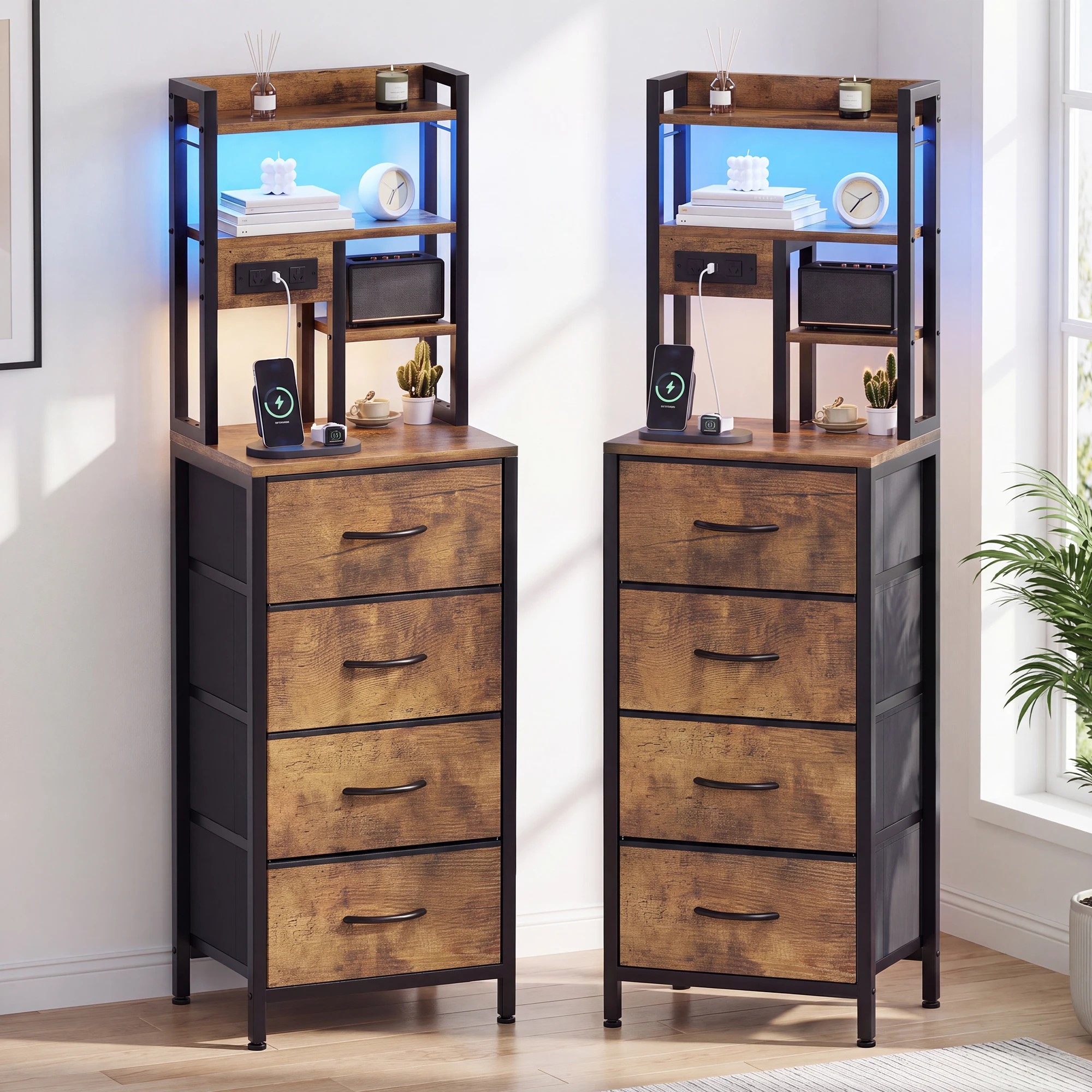 2 Advwin Set of 2 LED Tall Bedside Table with Charging Station 4 Drawers Open Shelves - Brown, 2 of 6