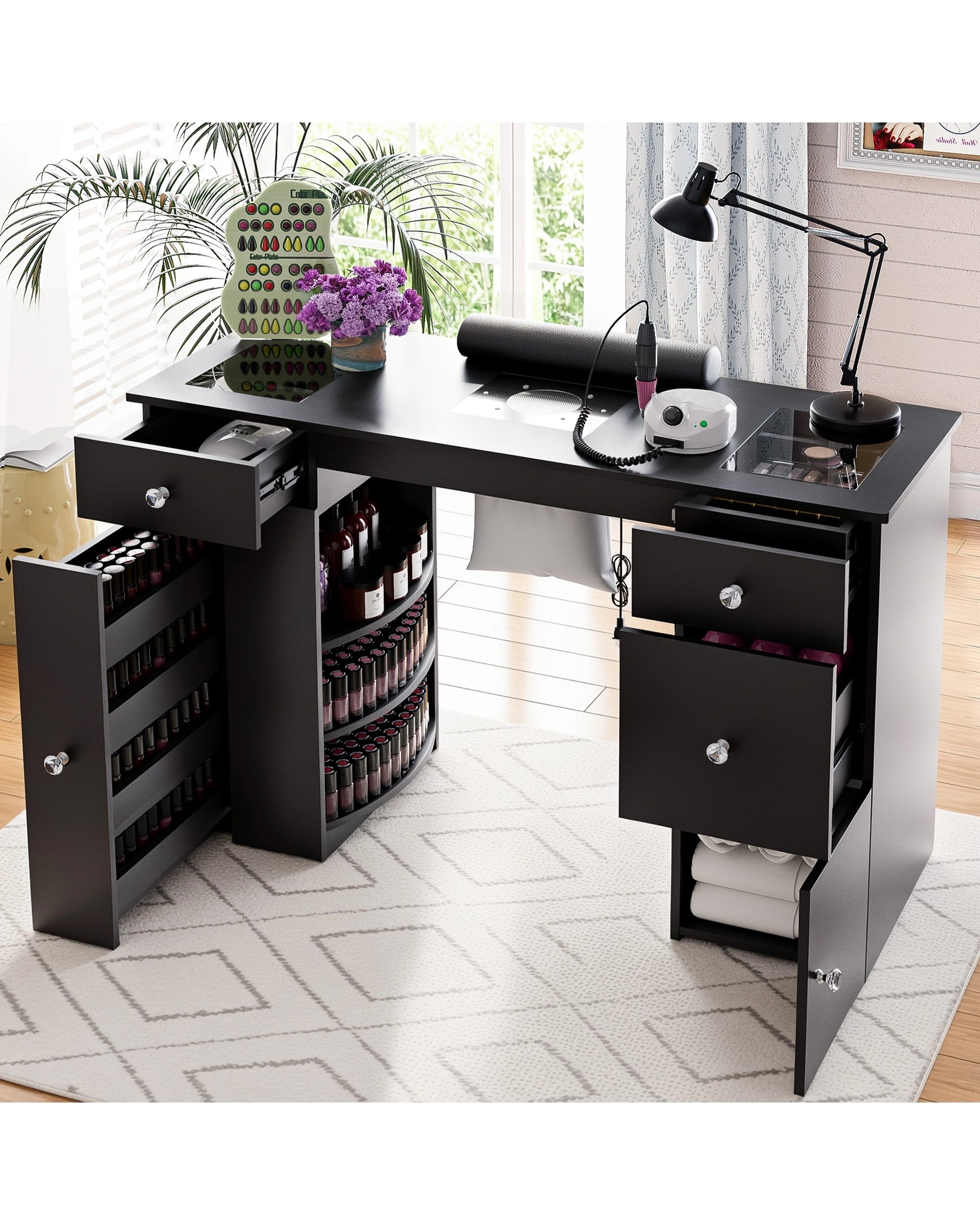 1 Advwin Manicure Table With Dust Collector Glass Top Acetone Resistant Drawers Shelves - Black, 1 of 5