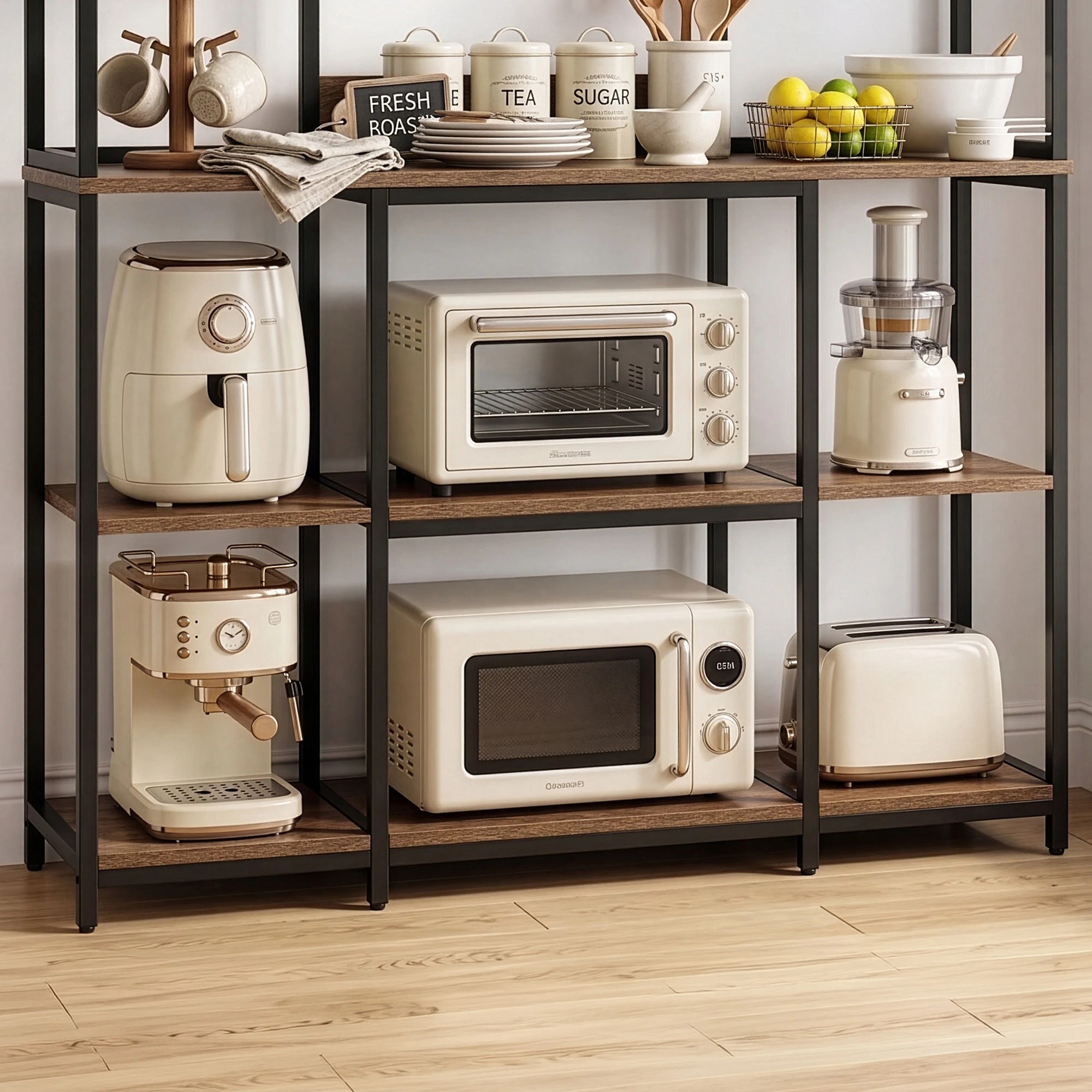 6 Artiss Kitchen Rack with 6 Hooks Microwave Storage Shelf 120cm x 170cm - Brown, 6 of 9