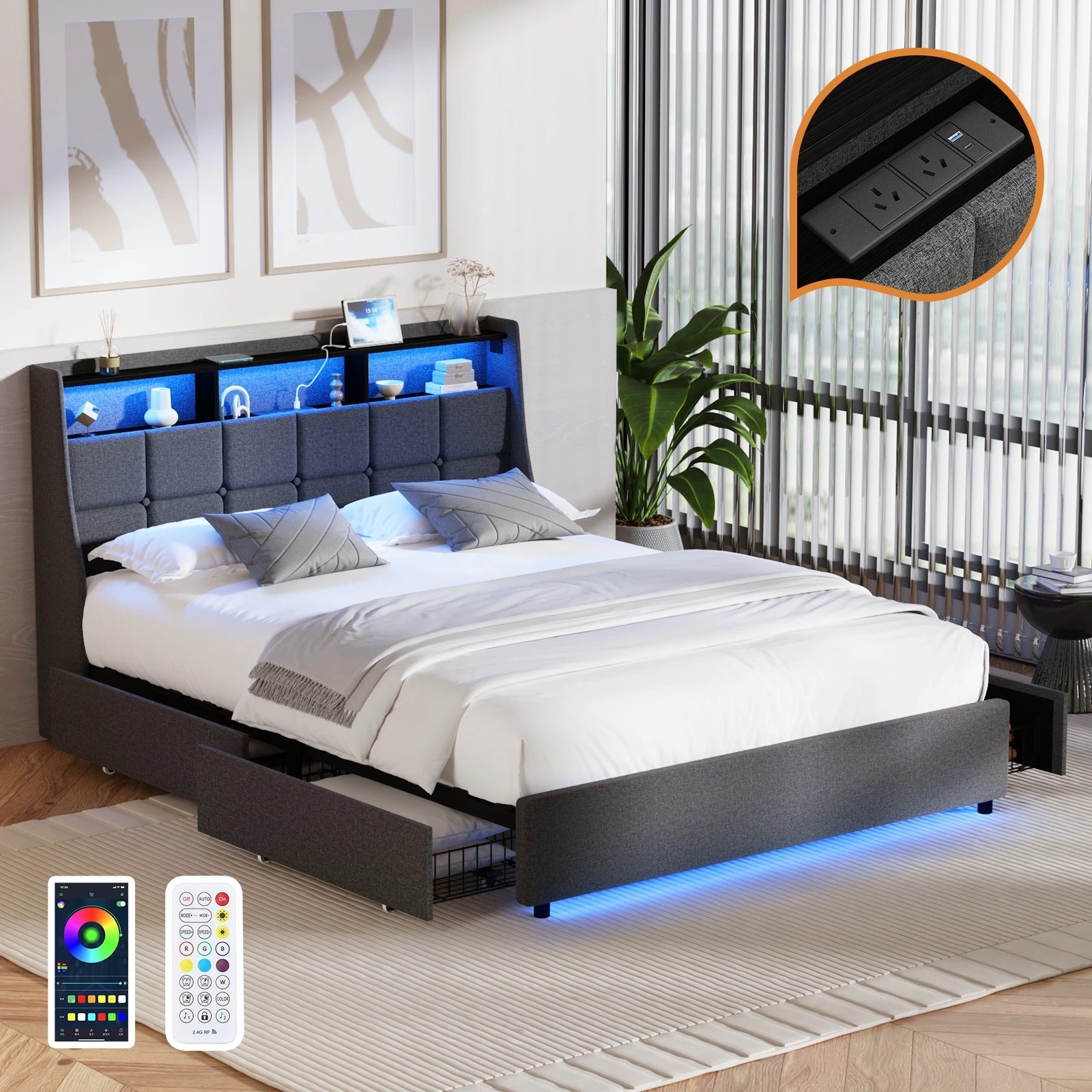 3 Oikiture Queen Bed Frame With LED Storage Headboard 2 Drawers & Charging Station - Grey, 3 of 7
