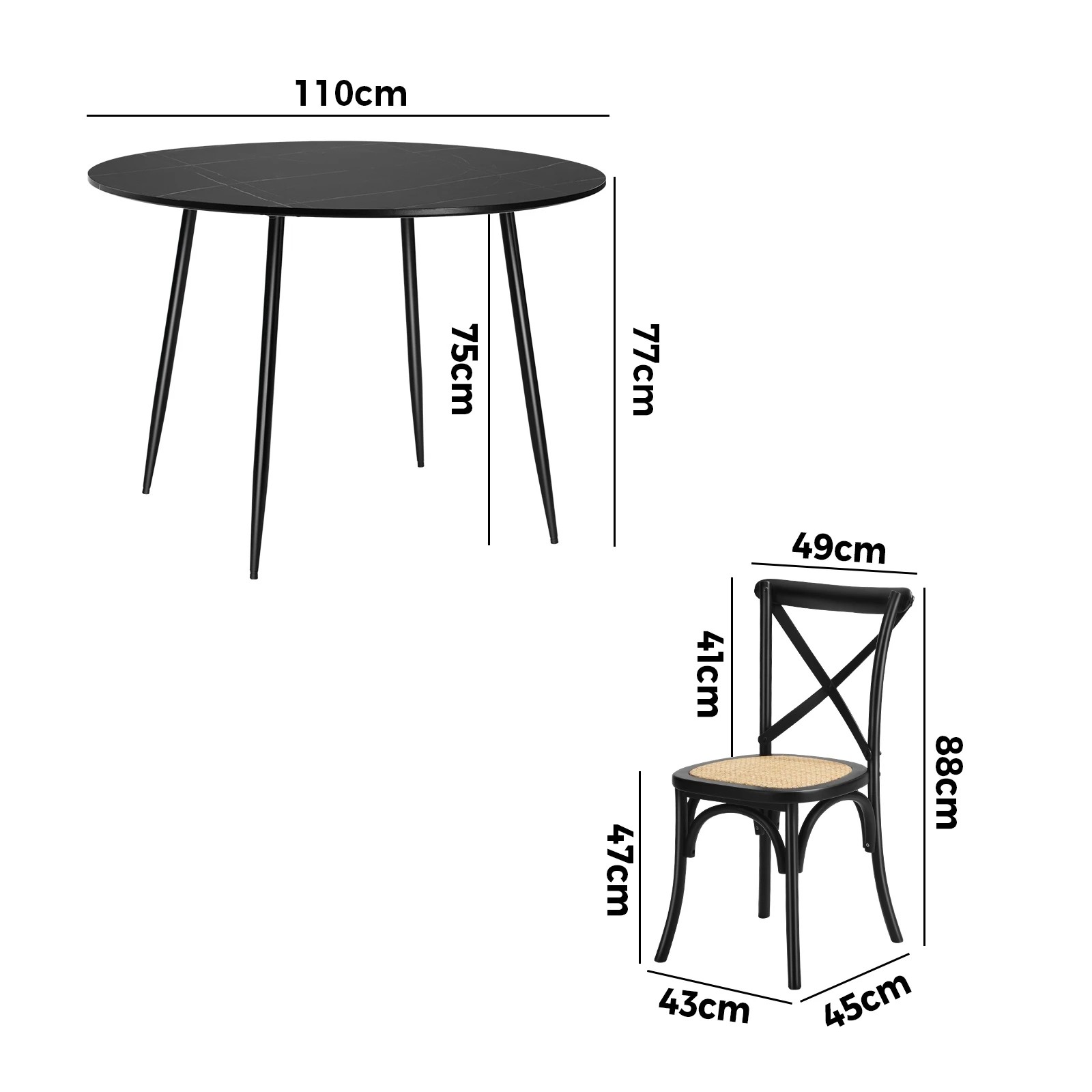 2 Oikiture 110cm Round Dining Table with 4PCS Dining Chairs Birch Timber - Black, 2 of 9