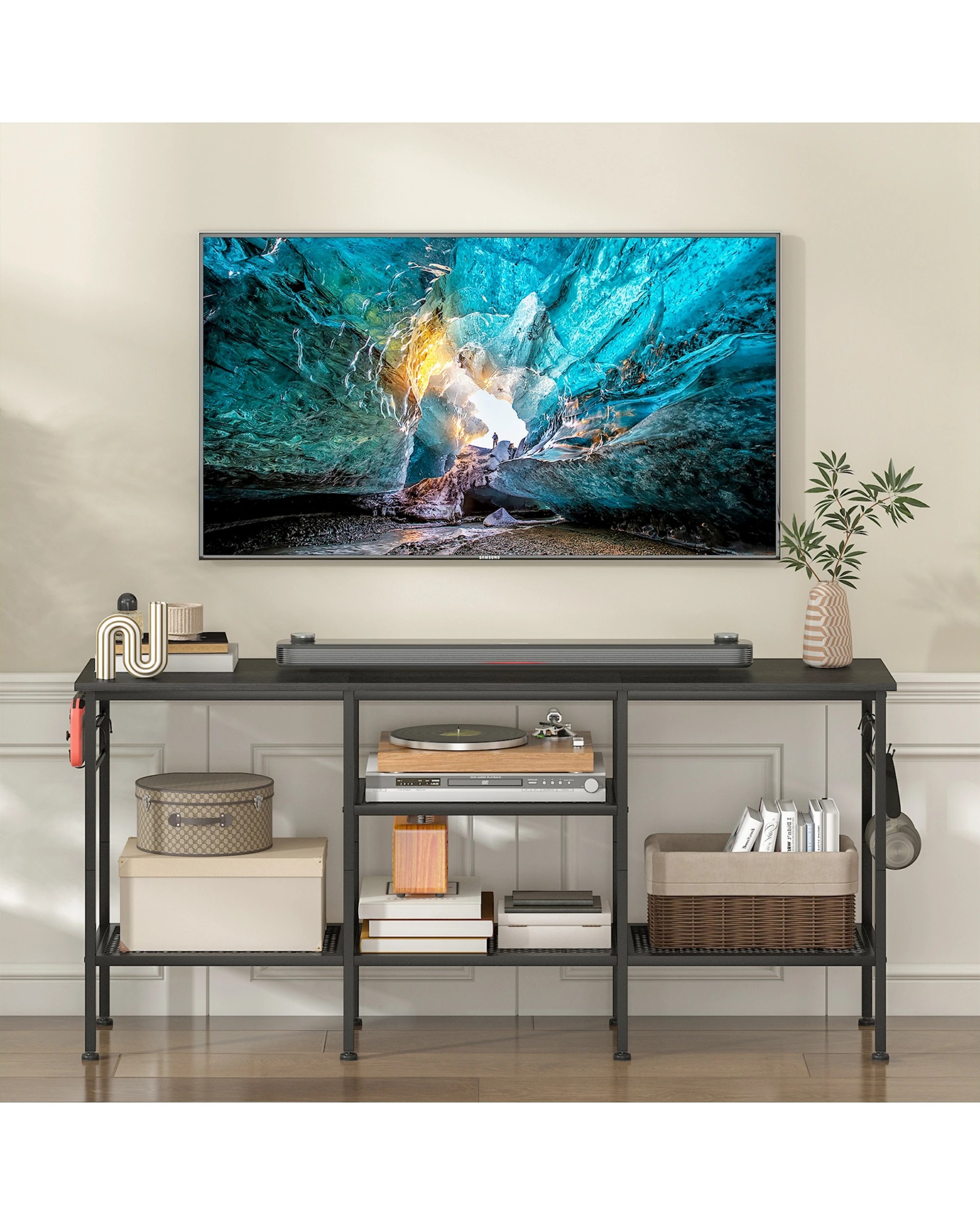 4 Advwin TV Cabinet 120cm Entertainment Unit Stand w/ Shelf & Hooks Media Console Table, 4 of 8