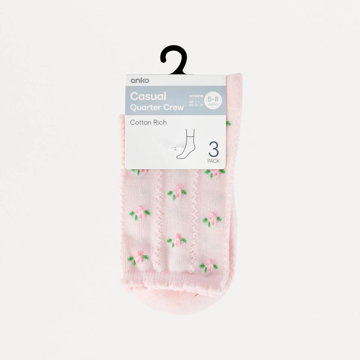 3 3 Pack Pointelle Quarter Crew Socks PINK POINTELLE, 3 of 3