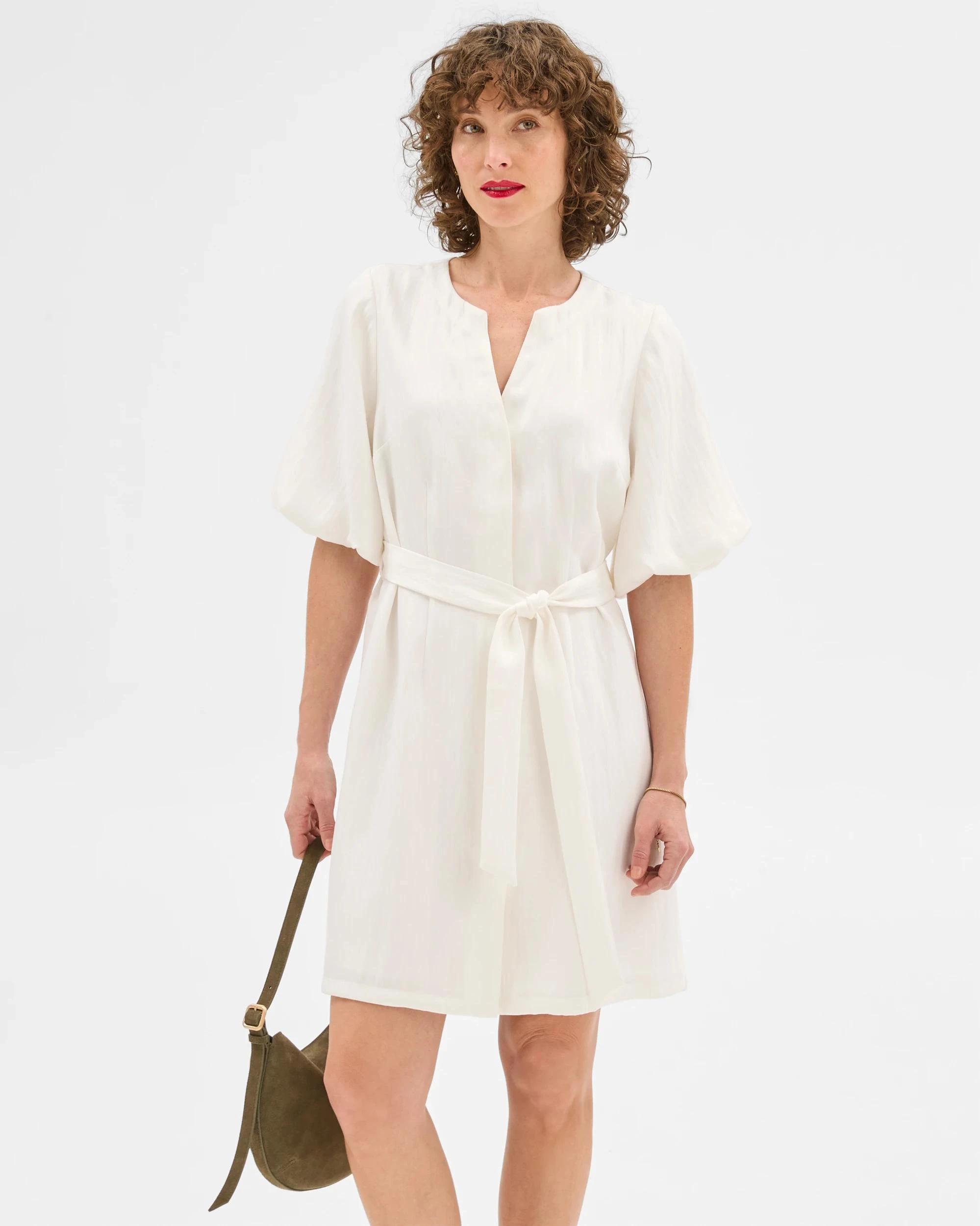 1 Puff Sleeve Mini Shirt Dress - Preview CLOUD DANCER, 1 of 6