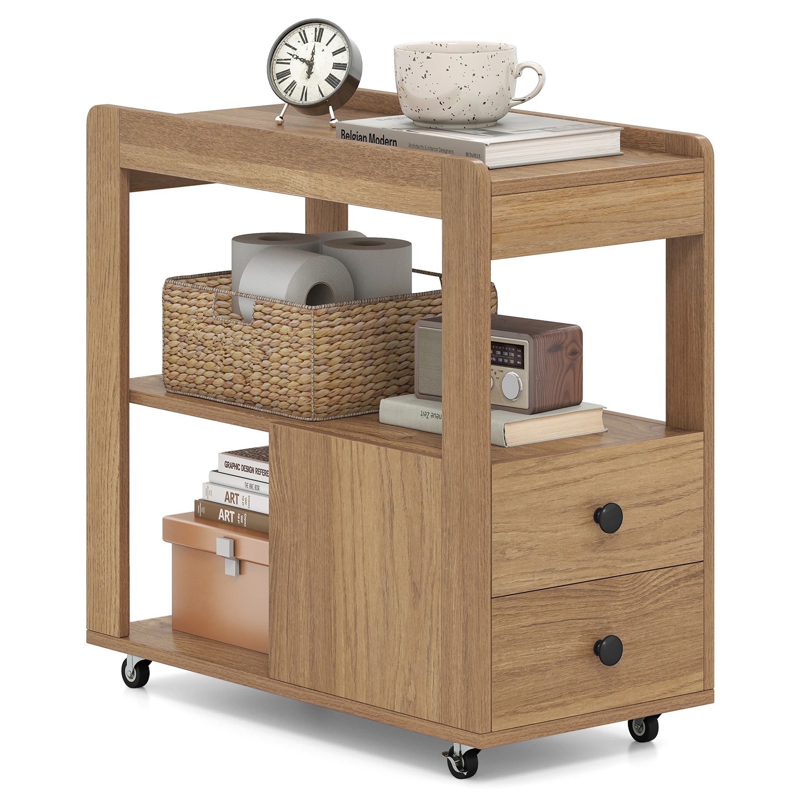 4 Costway 2 Drawers End Table Narrow Side Table w/Open Storage Shelf Rolling Bedside Table, 4 of 4