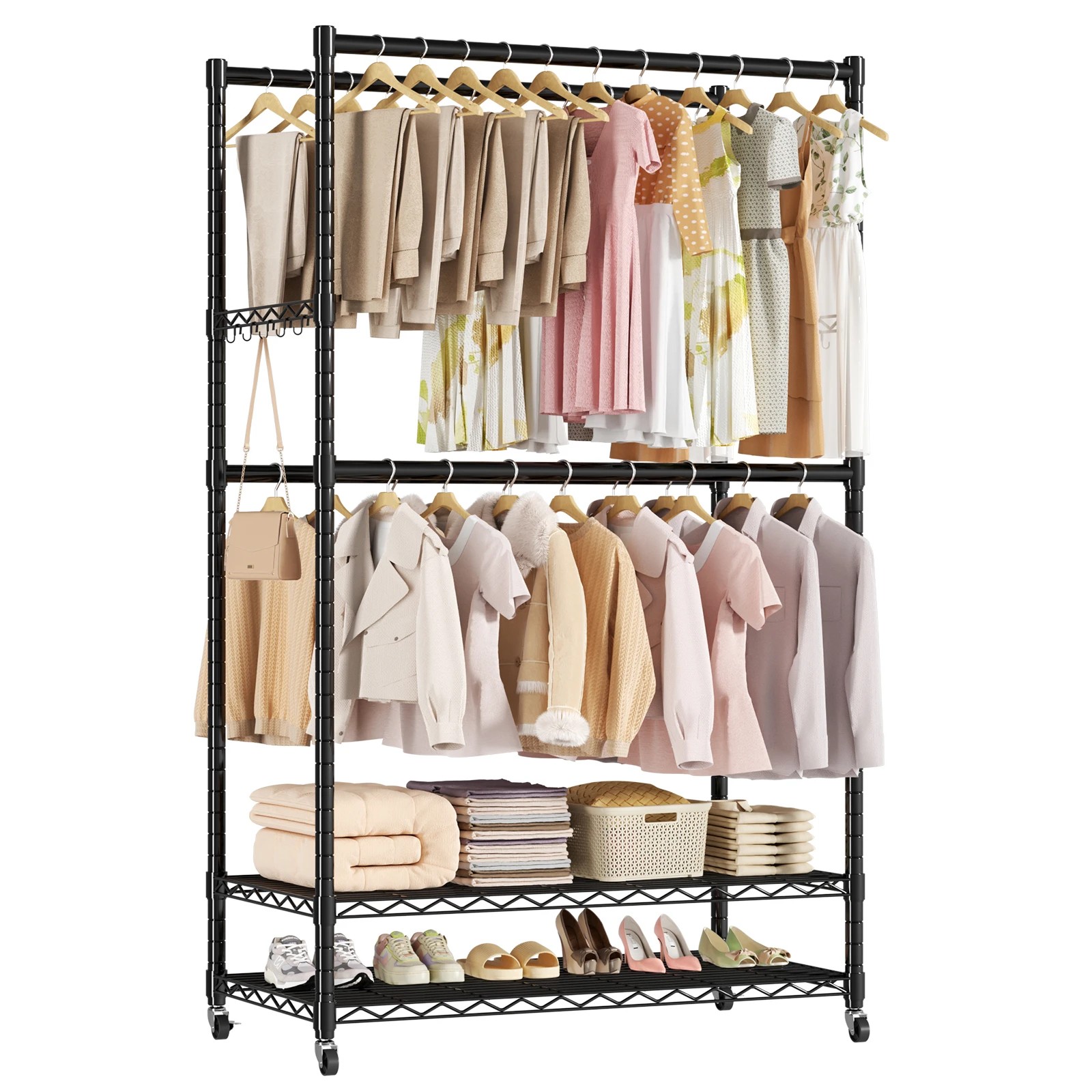 1 Advwin Portable Closet Wardrobe Adjust Closet Racks w/4 Hang Rods & 2 Shelves - Black, 1 of 10