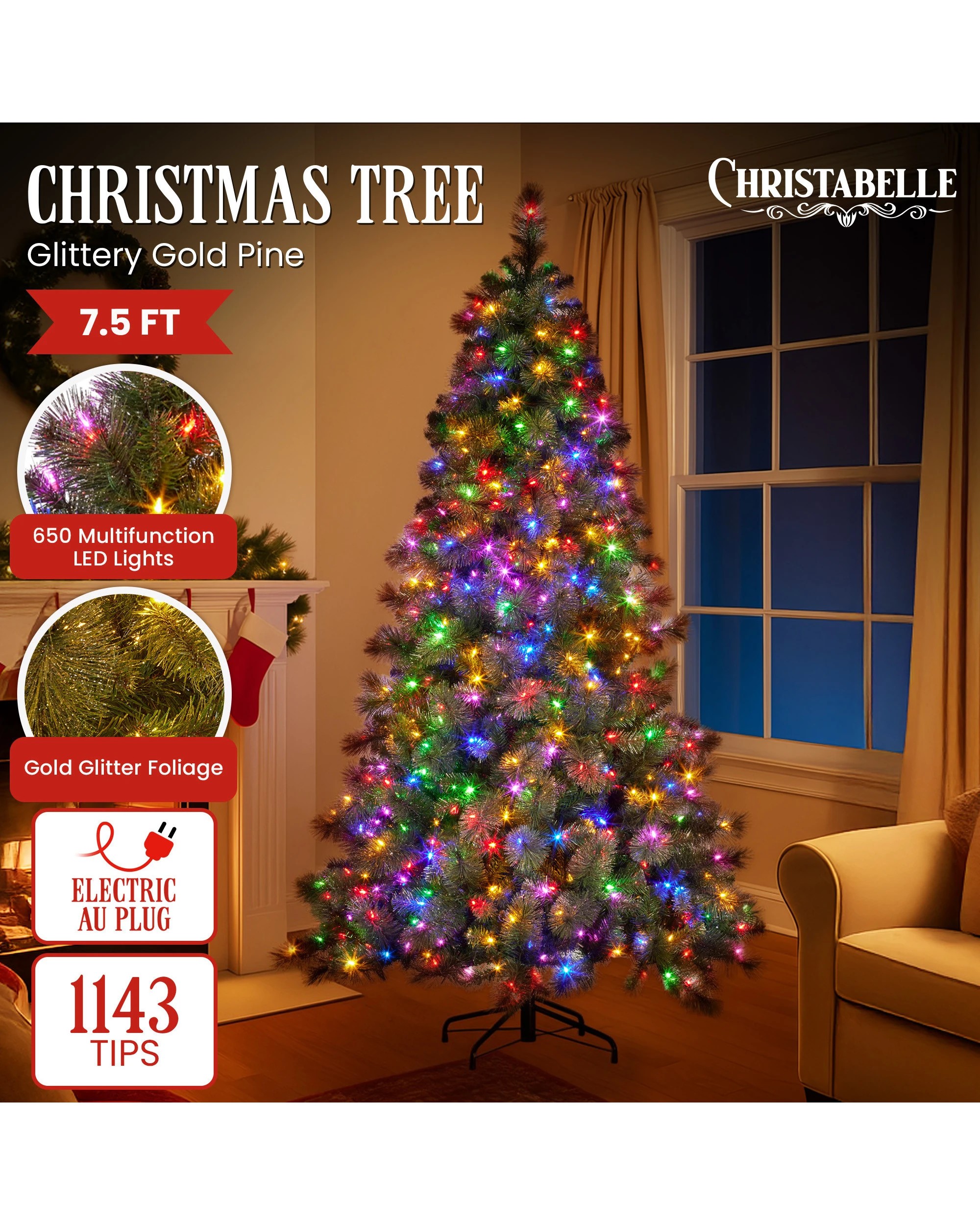2 Christabelle 7.5ft Christmas Tree Glittery Gold Pine 650 Led Multi-functional Lights Xmas Decor, 2 of 7