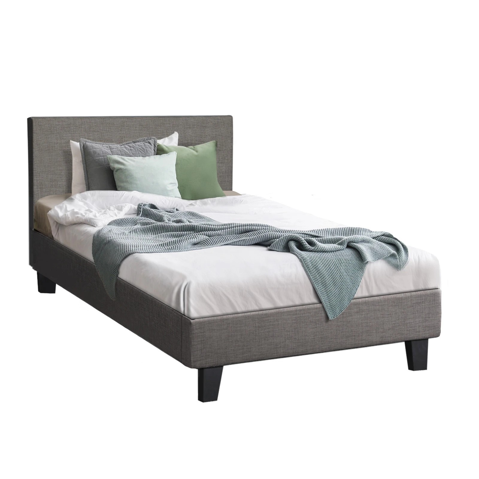 1 Oikiture Bed Frame Single Size Wooden Slats Fabric - Grey, 1 of 10