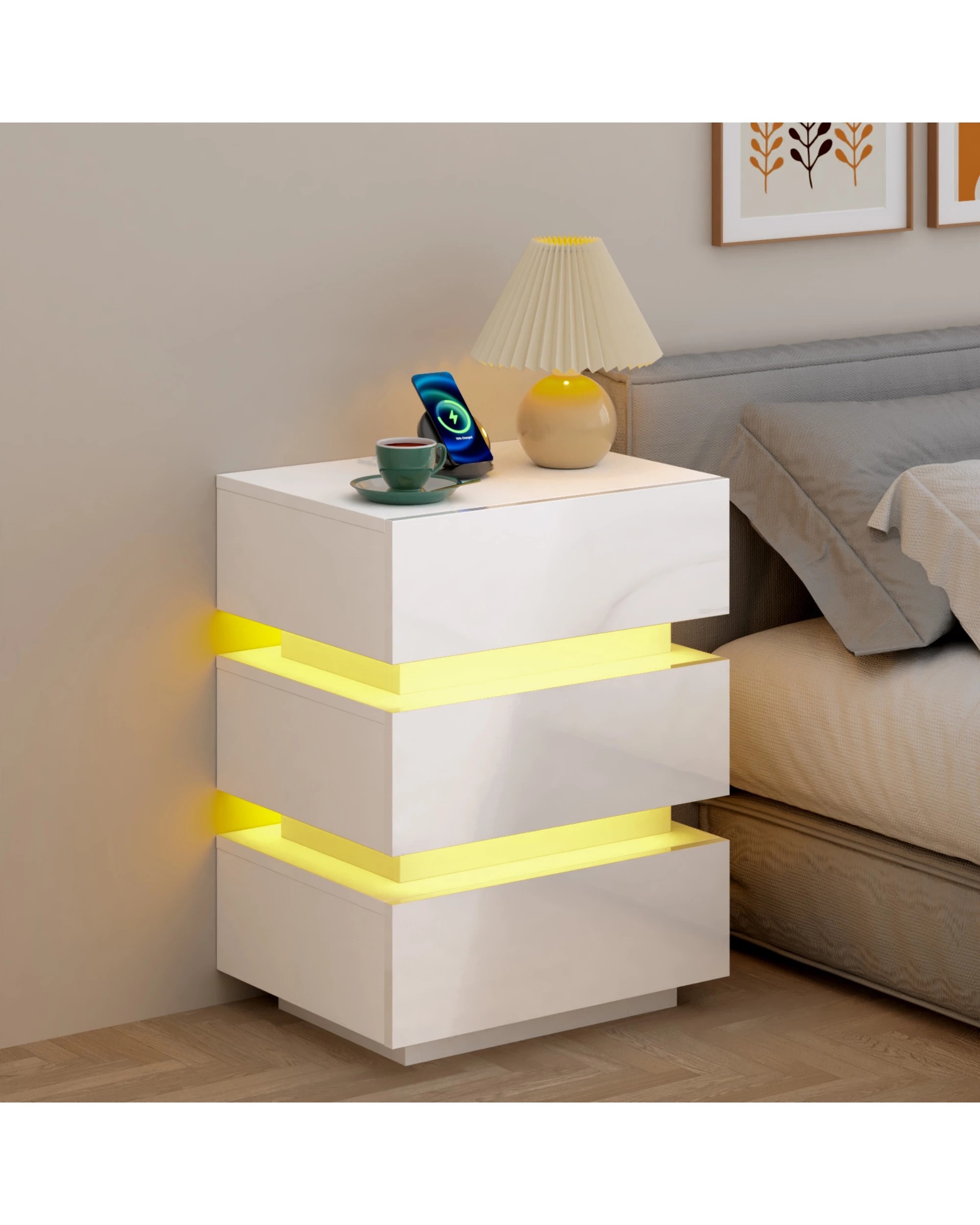 4 Advwin 2x Bedside Table 3 Drawers With with Charging Station & LED Light - White, 4 of 8
