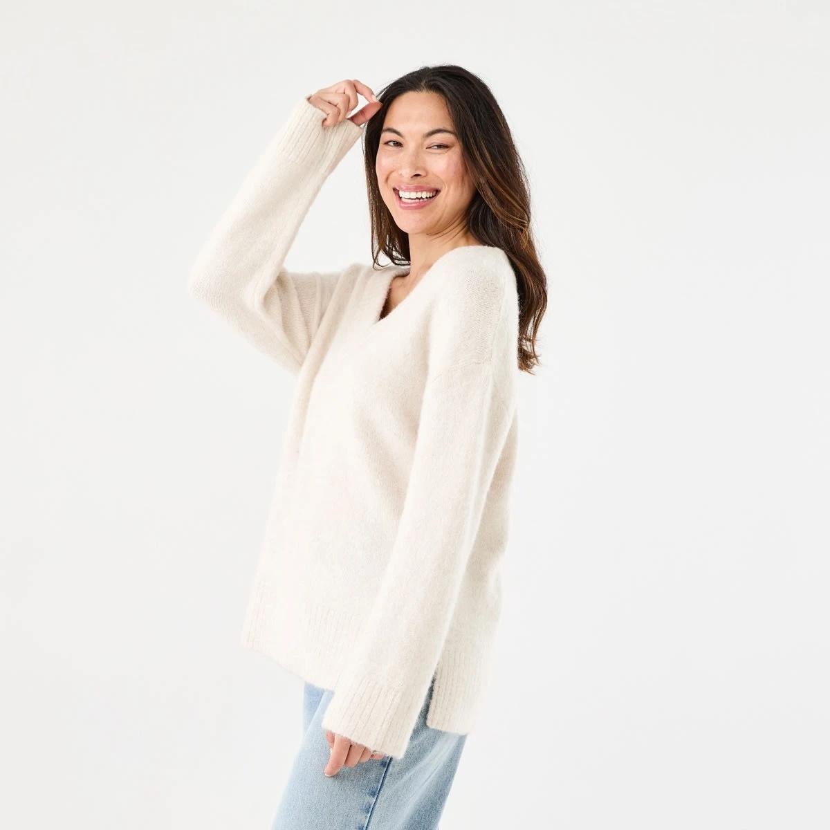 2 Fluffy V-Neck Jumper Beige Marl, 2 of 7