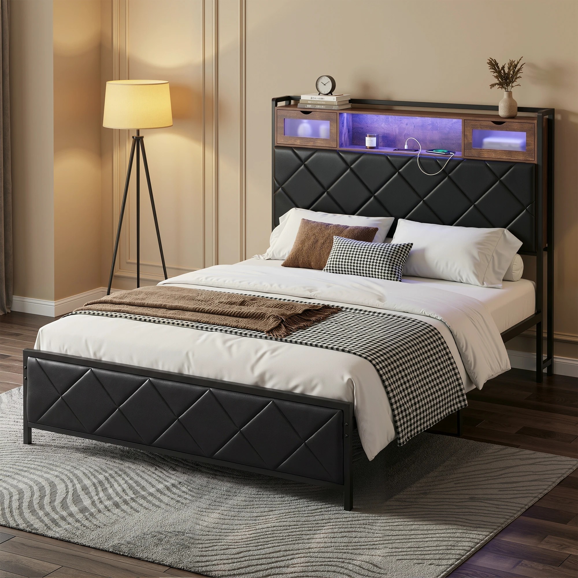 7 Artiss Double Bed Frame with LED Lights Storage Headboard 2 USB 2 AC Outlets Charging Station - Black, 7 of 10
