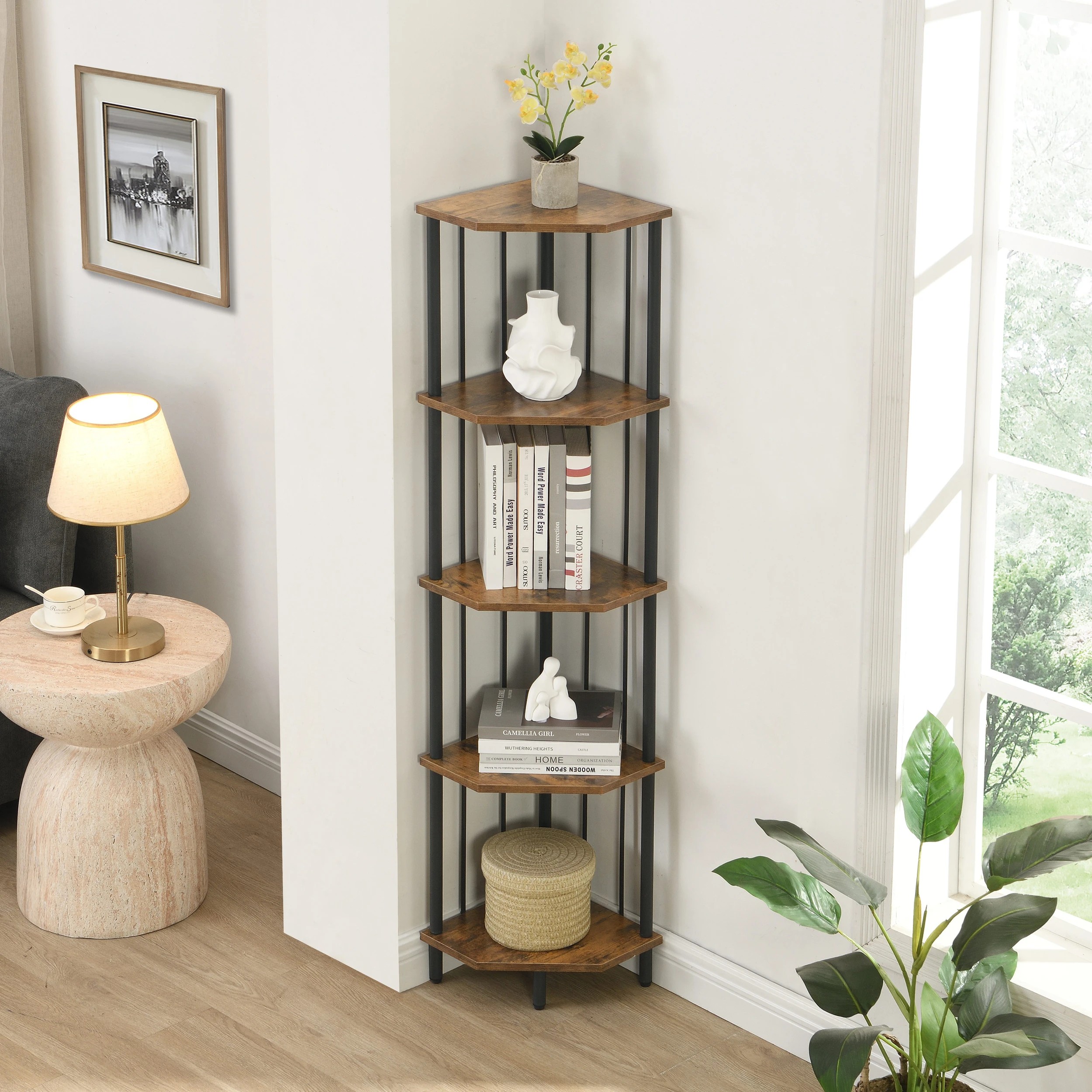 9 IHOMDEC 5 Tier Pentagon MDF Corner Display Shelves Rust Dark Brown - Brown, 9 of 9