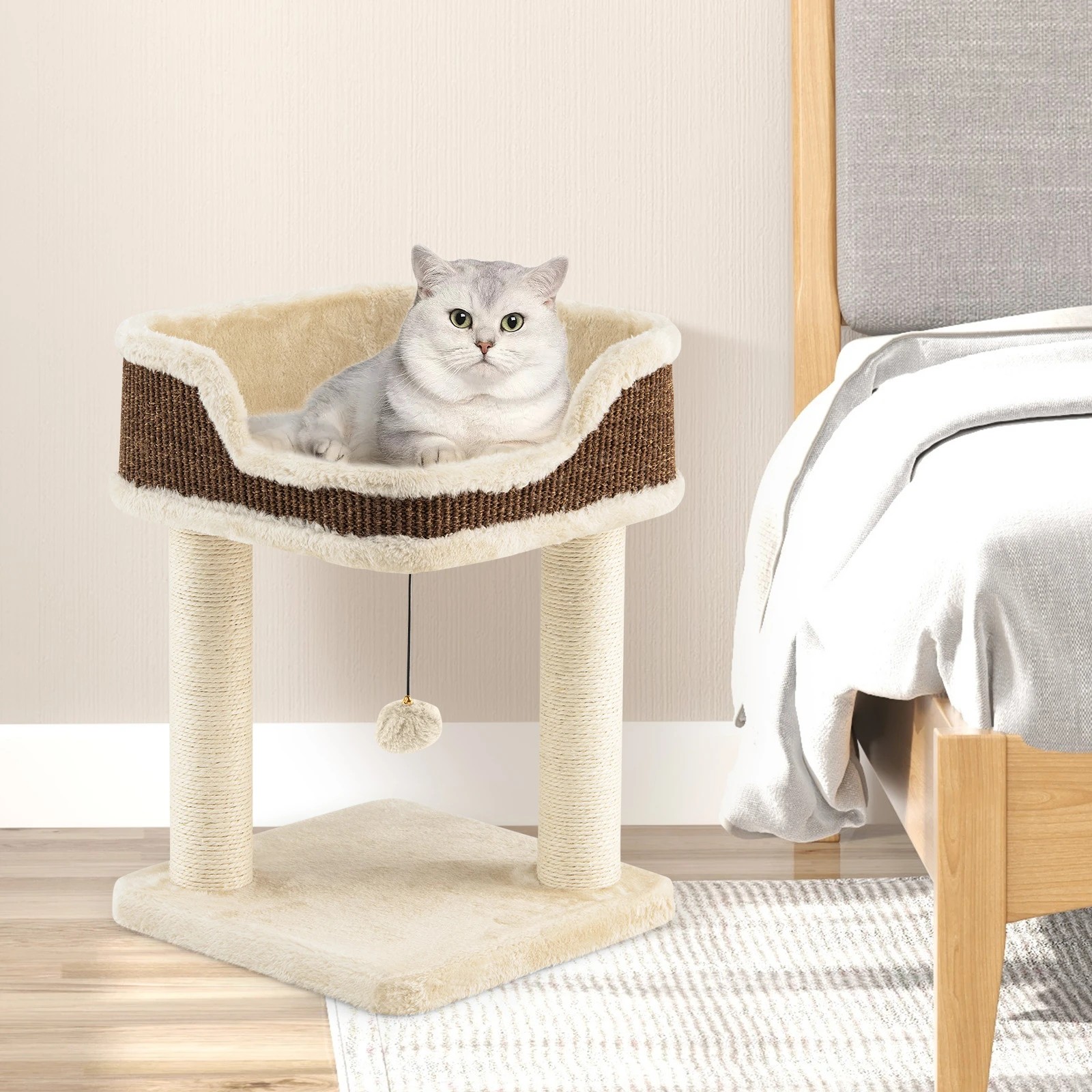 3 Costway 2-Tier Cat Tree Small Cat Tower w/Sisal Scratching Posts - Beige, 3 of 4