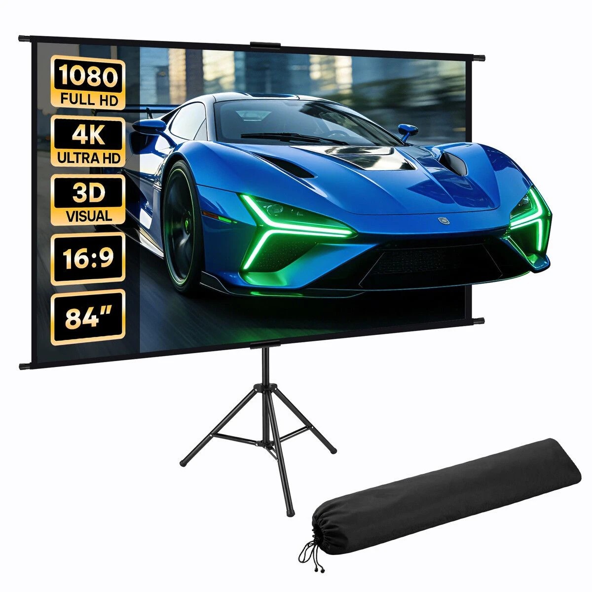 1 AUSWAY 84 Inch Projector Screen Tripod 4K Ultra HD 16:9 Large, 1 of 5