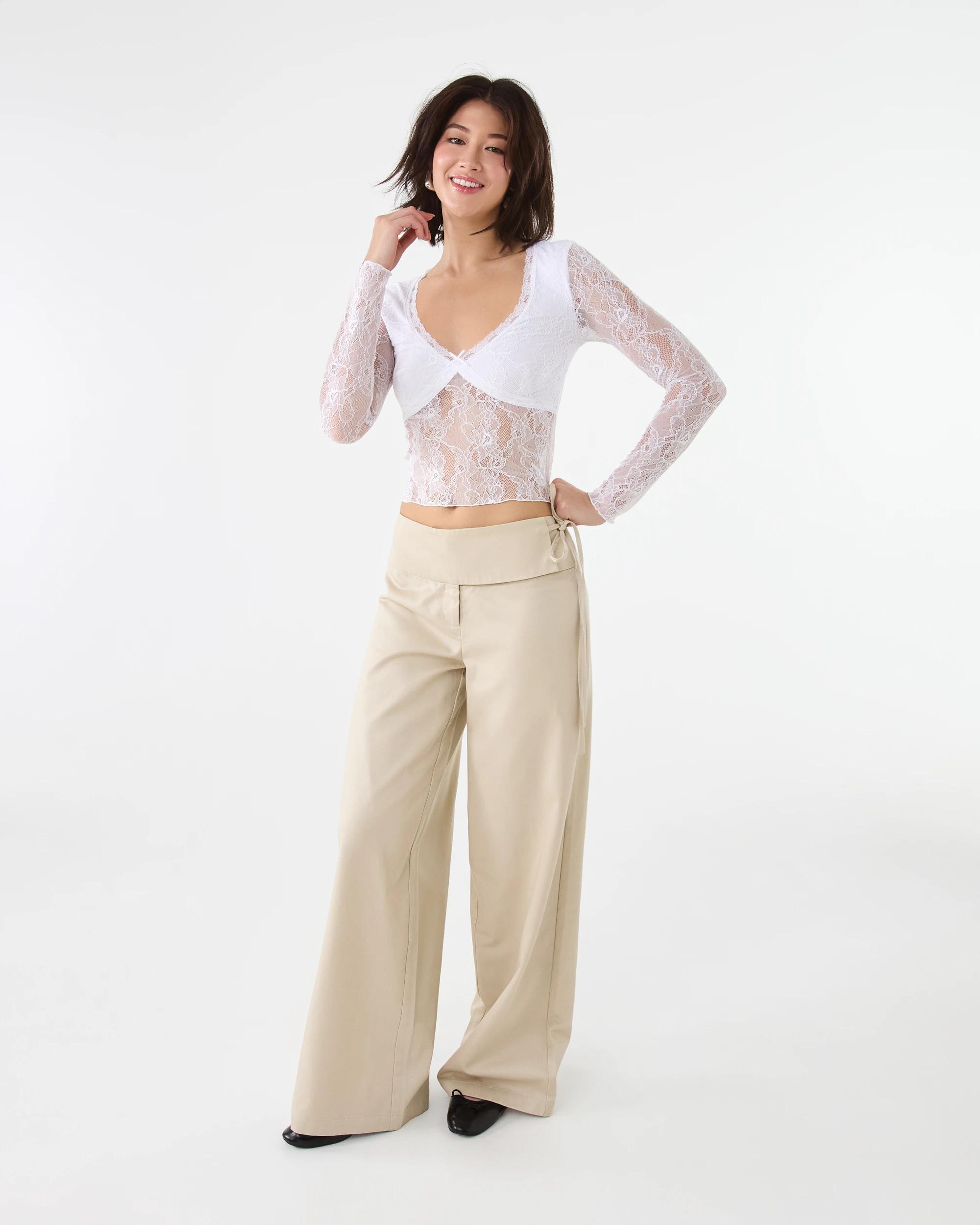 2 Long Sleeve Lace V-Neck Top White, 2 of 9