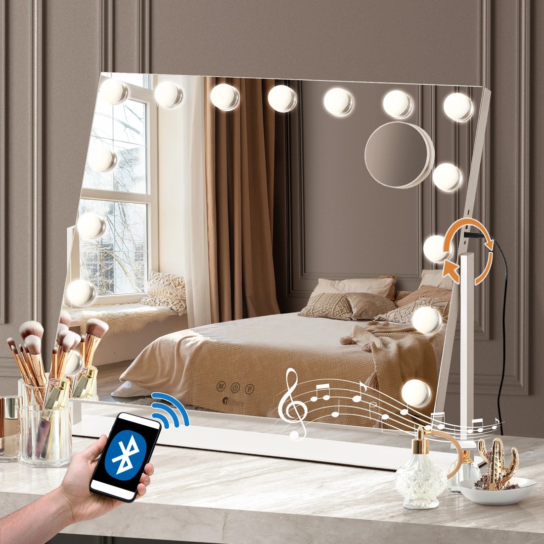 2 Oikiture Led Makeup Mirror Bluetooth Rotation 62x50cm Hollywood Vanity Mirrors
 - White, 2 of 8