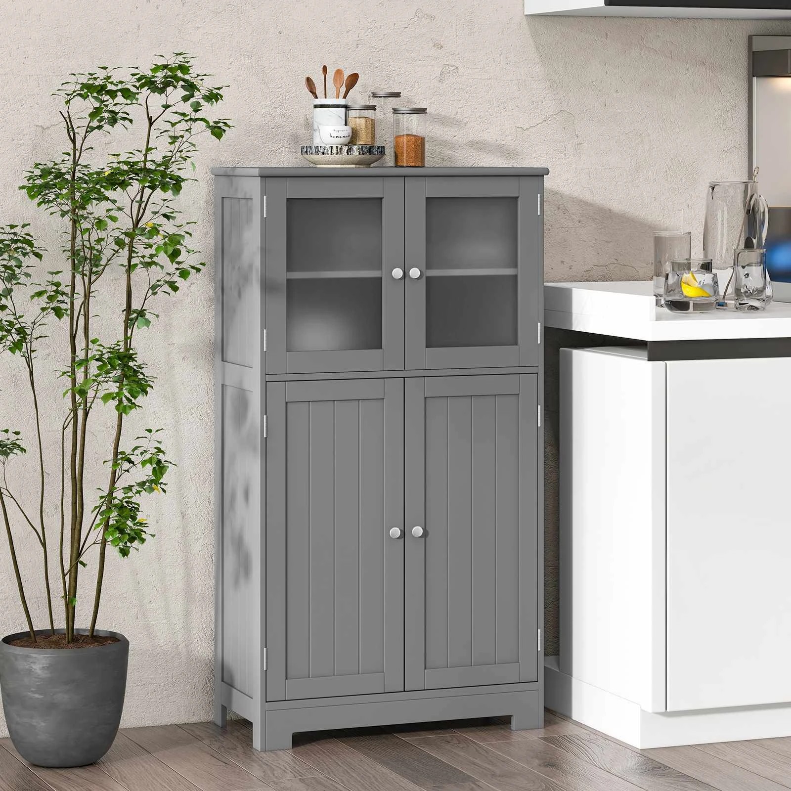 2 Costway Bathroom Cabinet Toilet Storage Cupboard Organizer w/Shelf & 4 Doors - Grey, 2 of 4