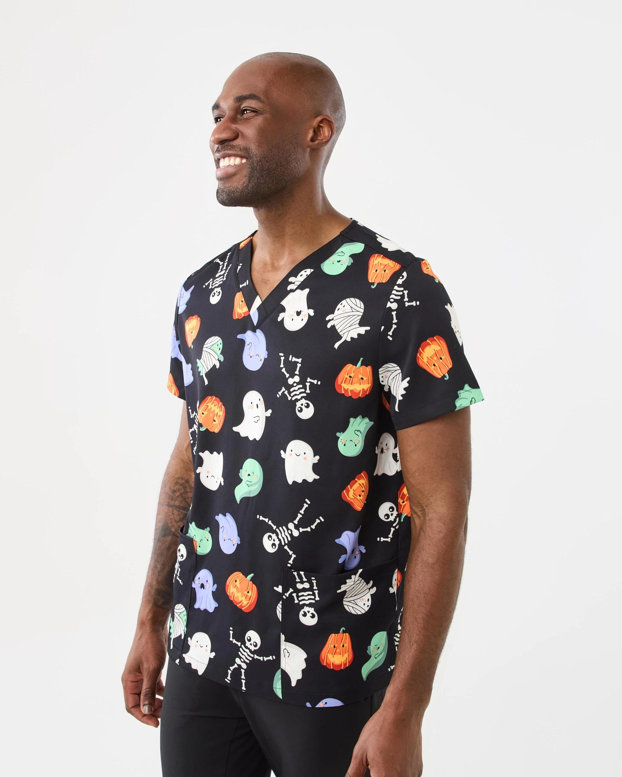 2 Halloween Workwear Unisex Scrub Top Blk Boney, 2 of 7