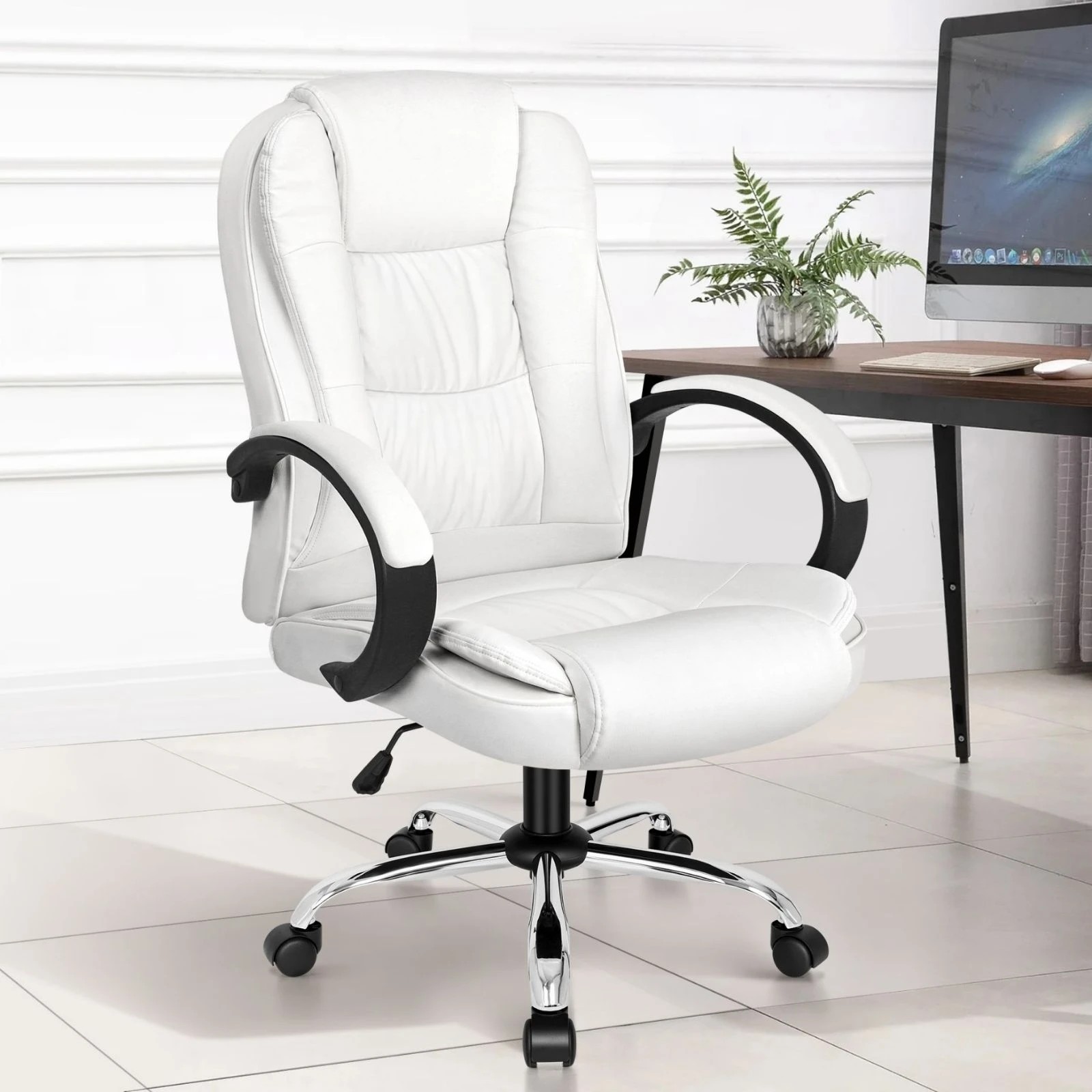 2 Alfordson Office Chair Executive PU Leather Computer Gaming Racer Seat - White, 2 of 10