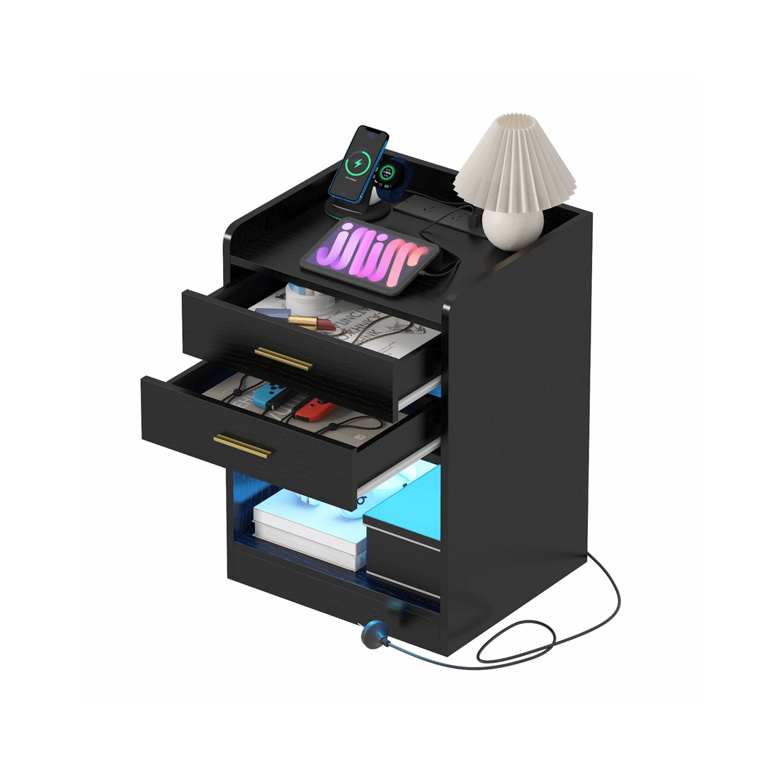7 Advwin LED Bedside Table with Charging Station 2 Drawers Nightstand - Black, 7 of 7