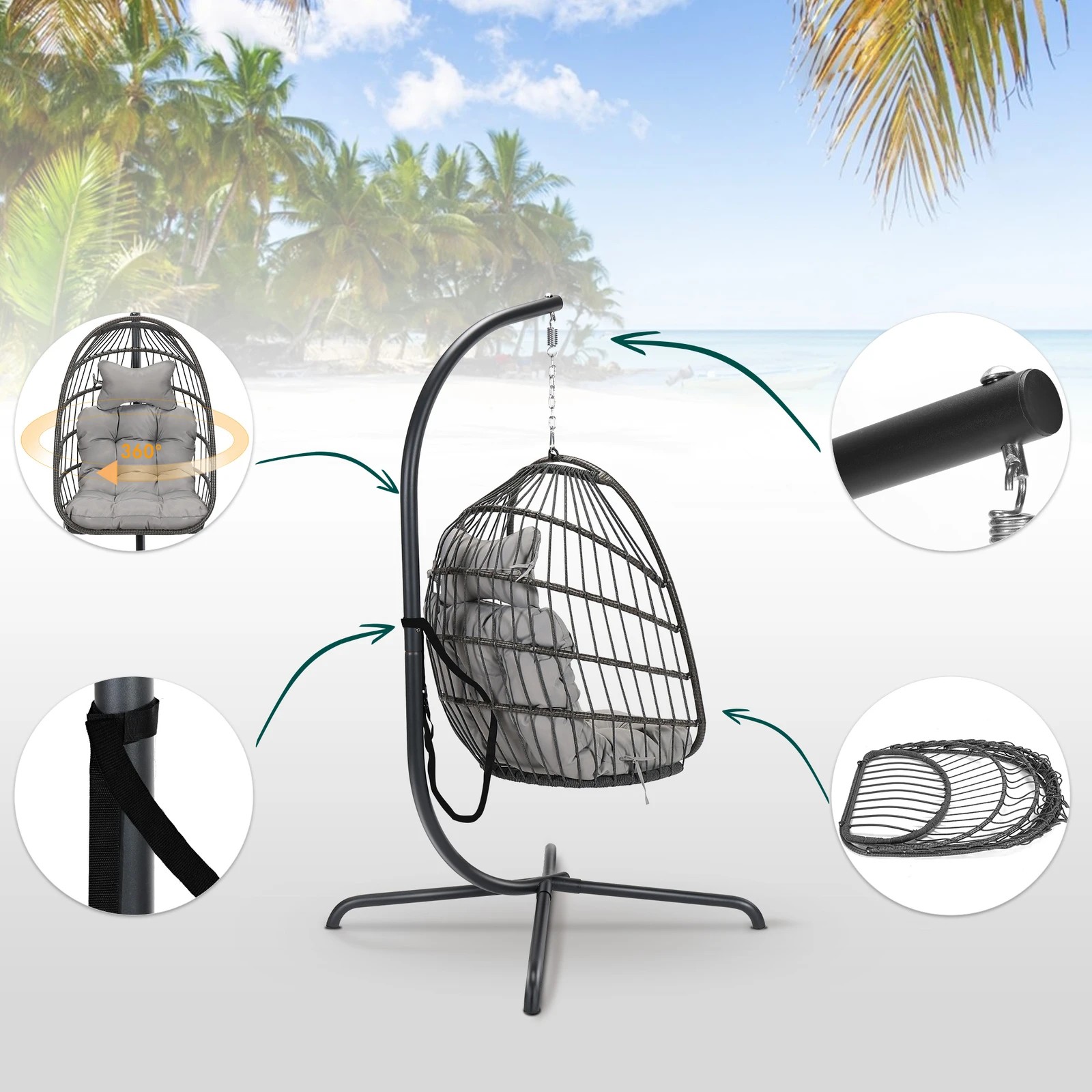7 Alfordson Outdoor Egg Swing Chair Wicker Rattan Pod Foldable Seat - Light Grey, 7 of 10